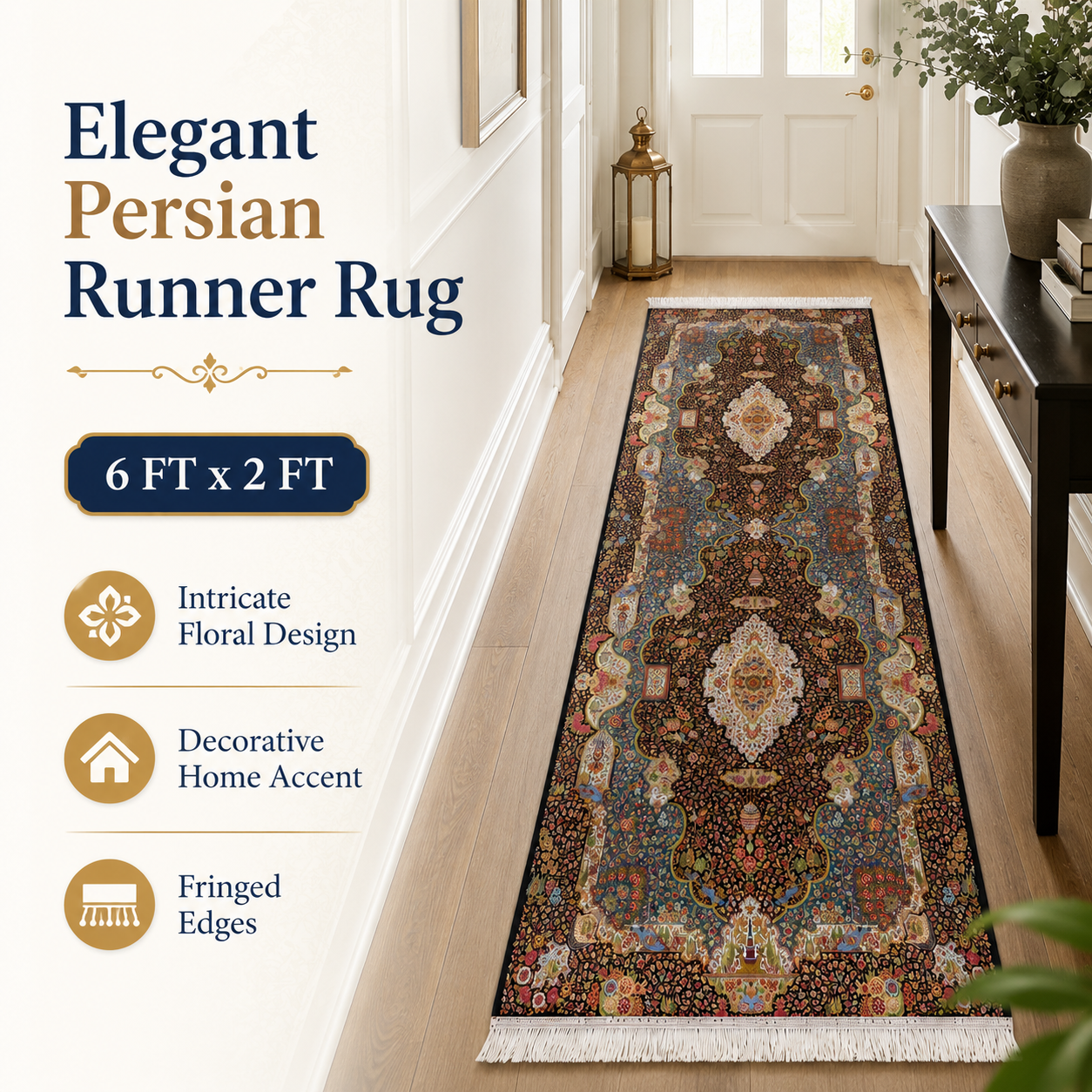 Persian-Style Decorative Runner Rug 6 ft × 2 ft – Traditional Floral Carpet with Fringed Edges - Image 2