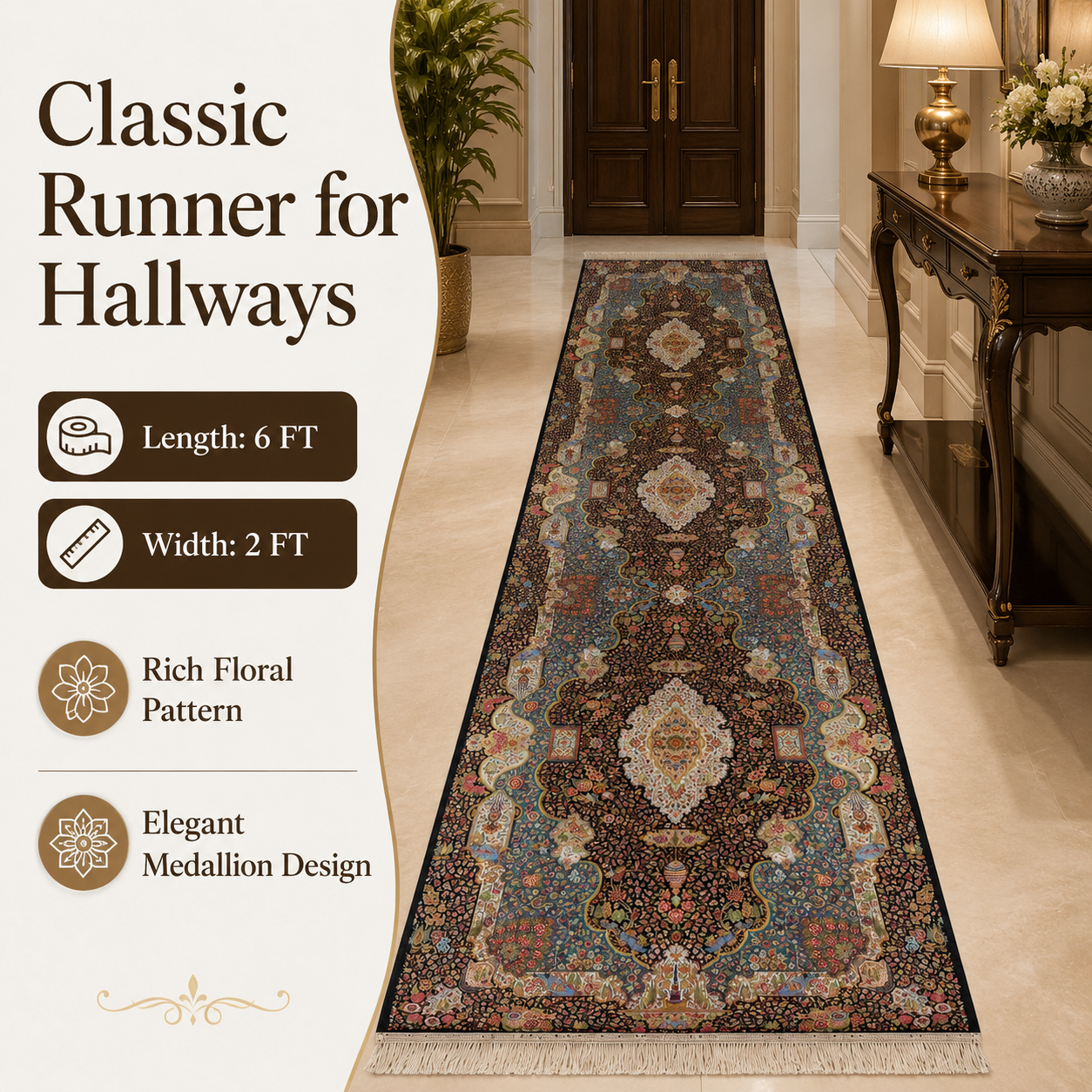 Persian-Style Decorative Runner Rug 6 ft × 2 ft – Traditional Floral Carpet with Fringed Edges - Image 3
