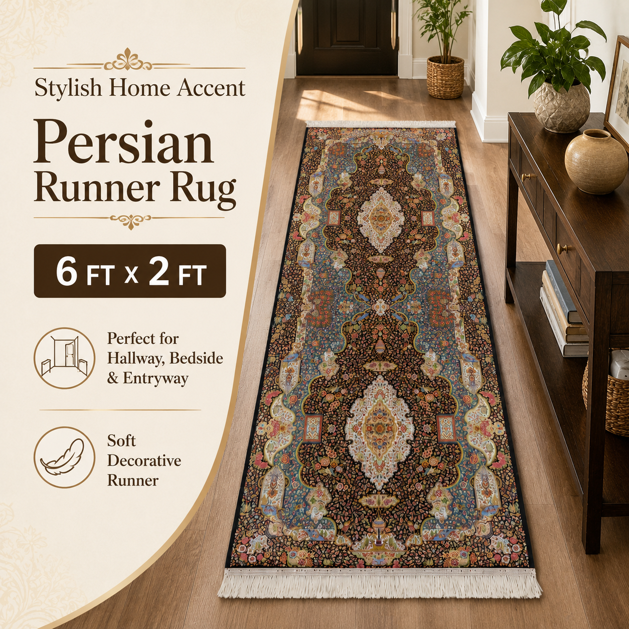 Persian-Style Decorative Runner Rug 6 ft × 2 ft – Traditional Floral Carpet with Fringed Edges - Image 5