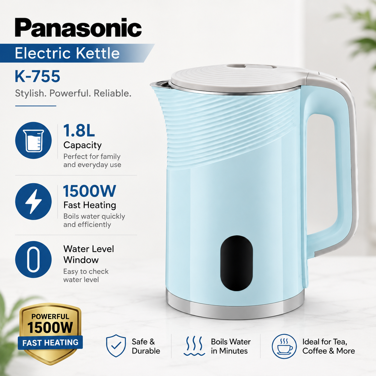 Panasonic K-755 1.8L Electric Kettle 1500W – Light Blue - Image 2