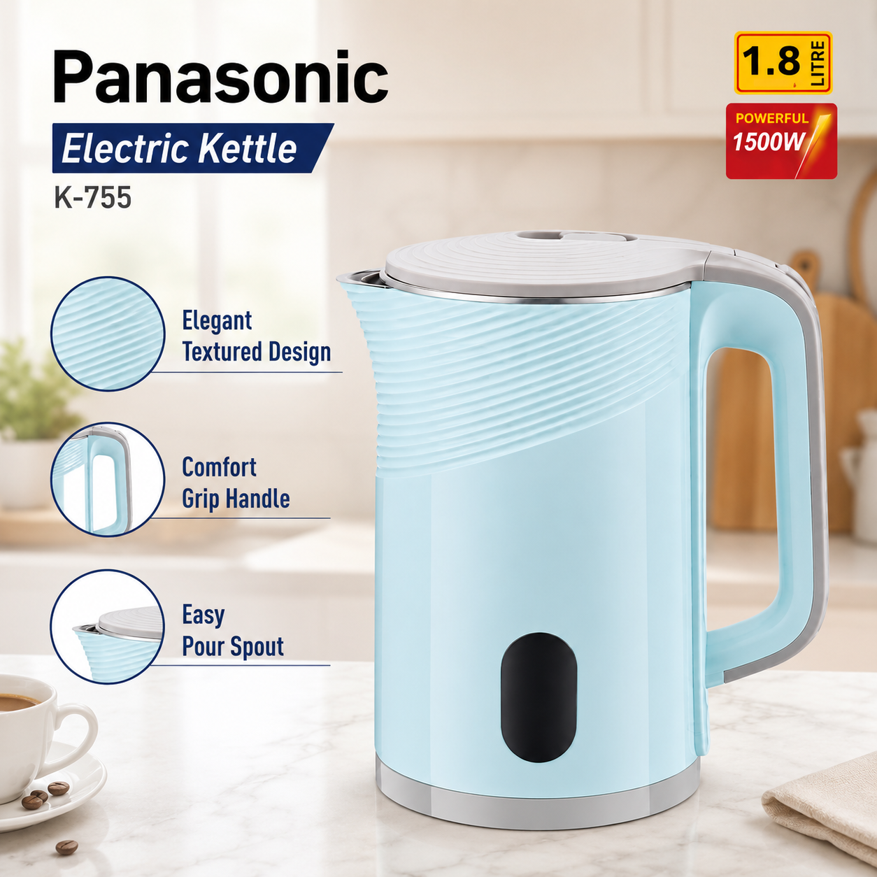 Panasonic K-755 1.8L Electric Kettle 1500W – Light Blue - Image 3
