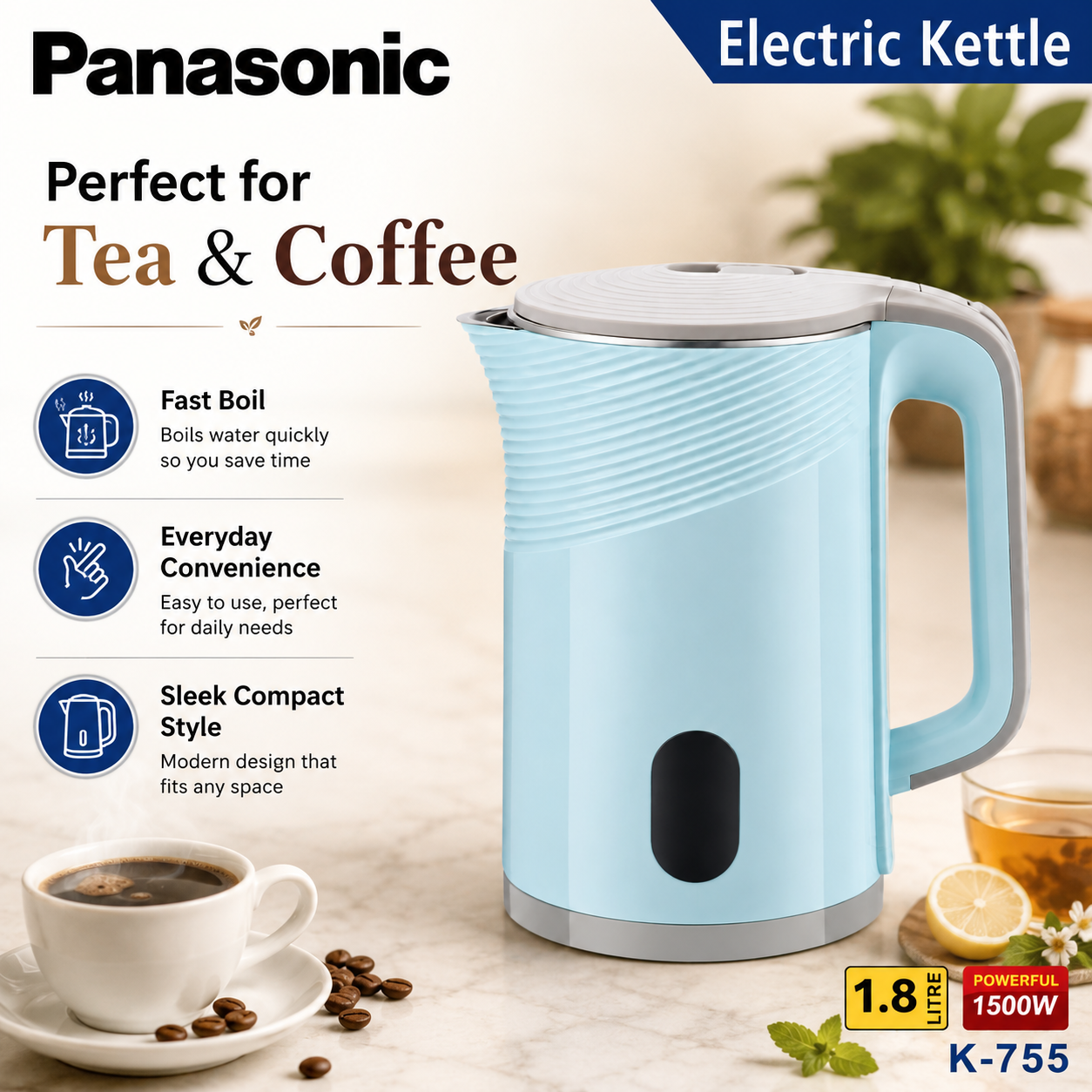 Panasonic K-755 1.8L Electric Kettle 1500W – Light Blue - Image 6