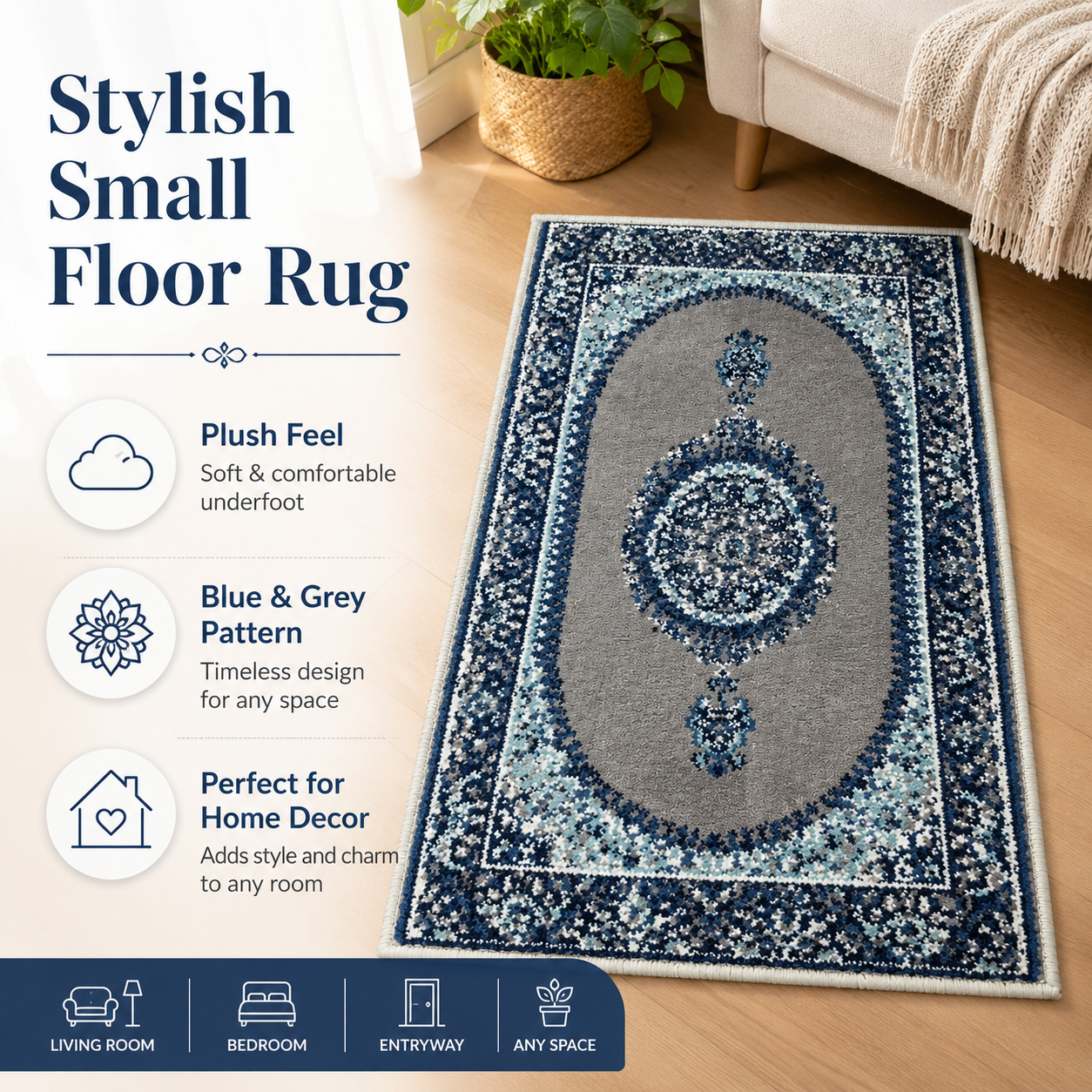 Traditional Persian-Style Small Area Rug – Soft Blue and Grey Decorative Carpet for Bedroom, Living Room and Entrance - Image 4
