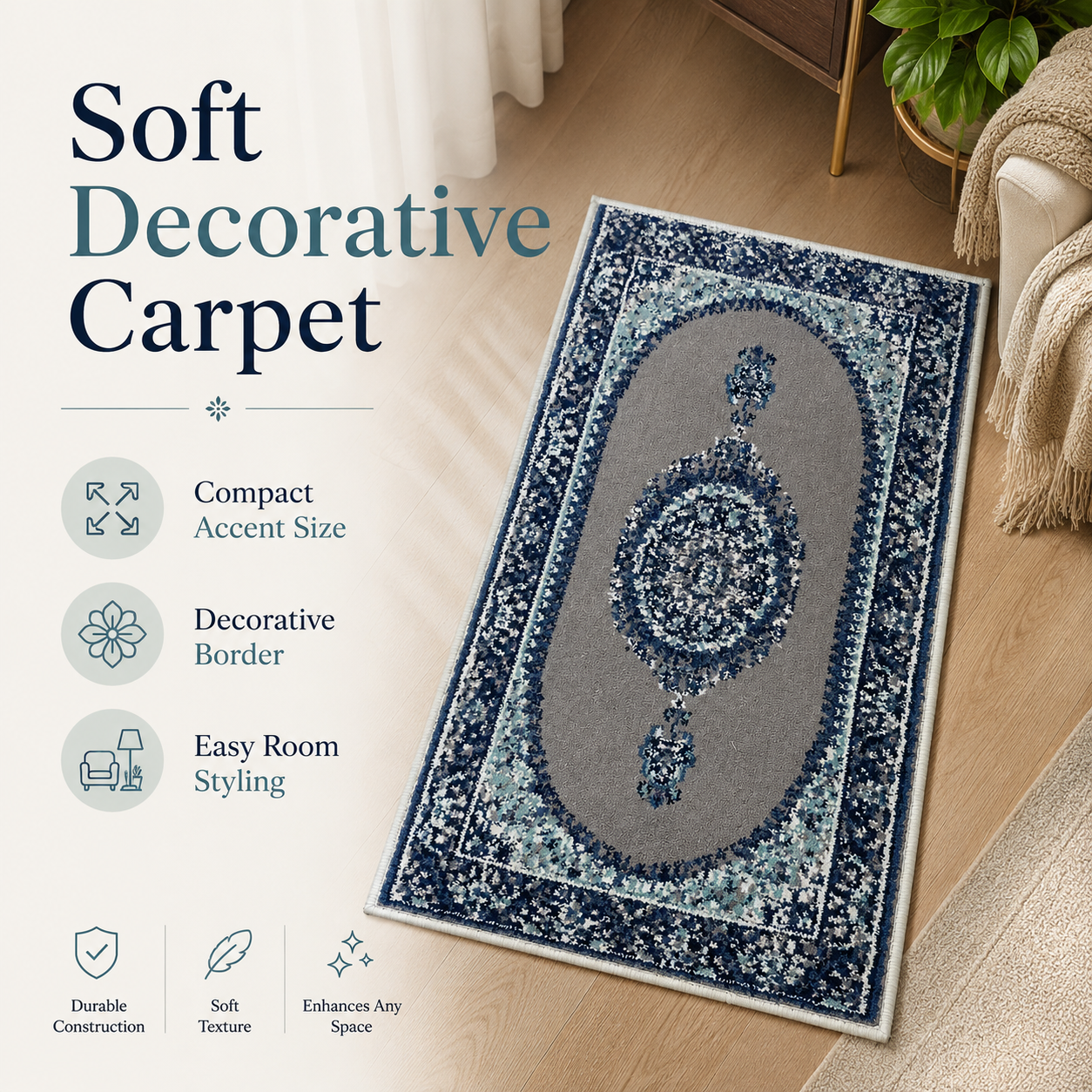 Traditional Persian-Style Small Area Rug – Soft Blue and Grey Decorative Carpet for Bedroom, Living Room and Entrance - Image 5