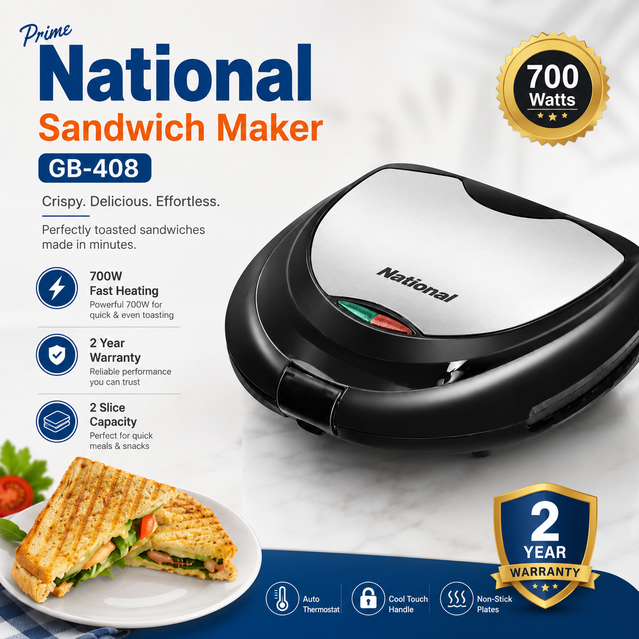 Prime National GB-408 700W 2-Slice Sandwich Maker – Black & Silver - Image 8