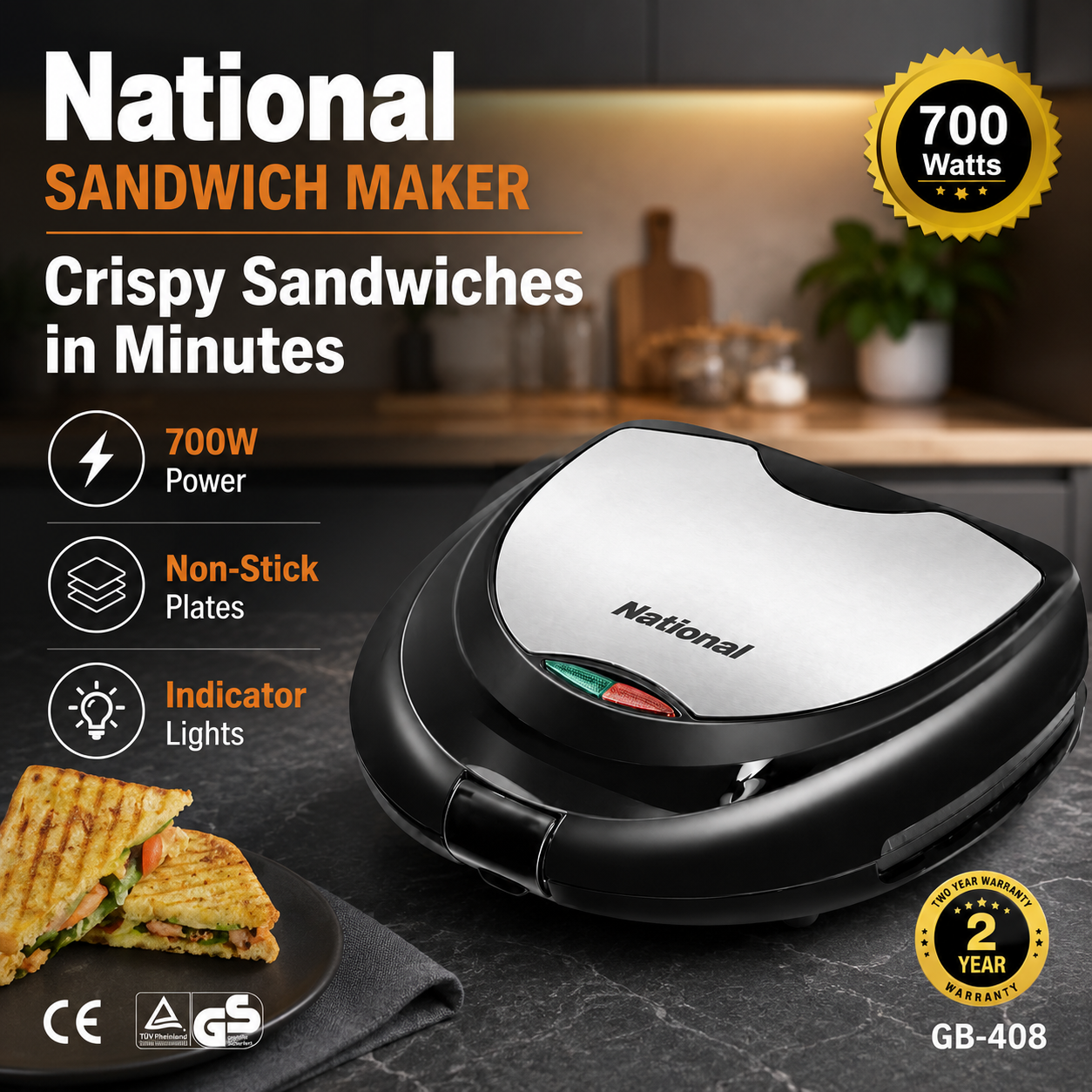 Prime National GB-408 700W 2-Slice Sandwich Maker – Black & Silver - Image 5
