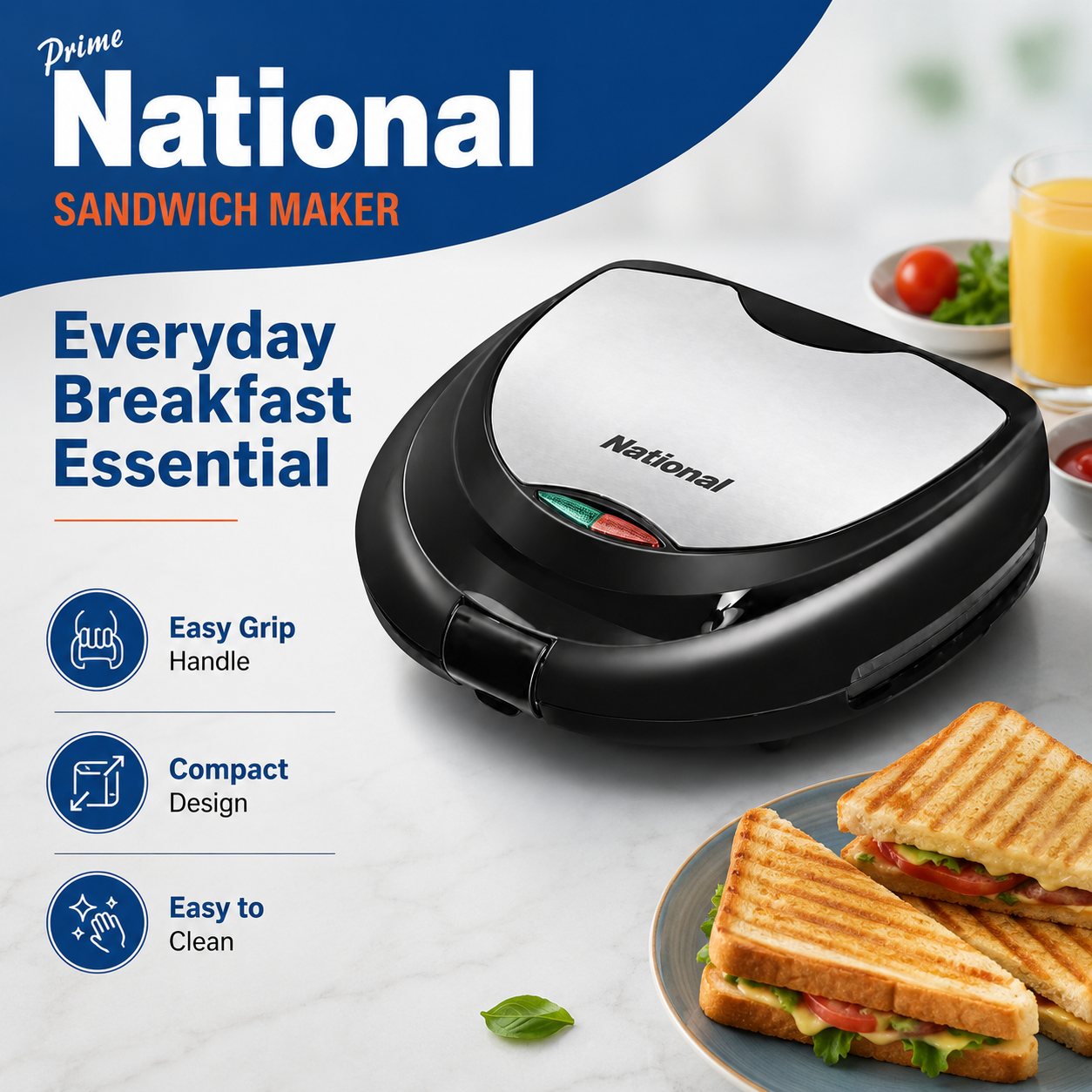 Prime National GB-408 700W 2-Slice Sandwich Maker – Black & Silver - Image 9