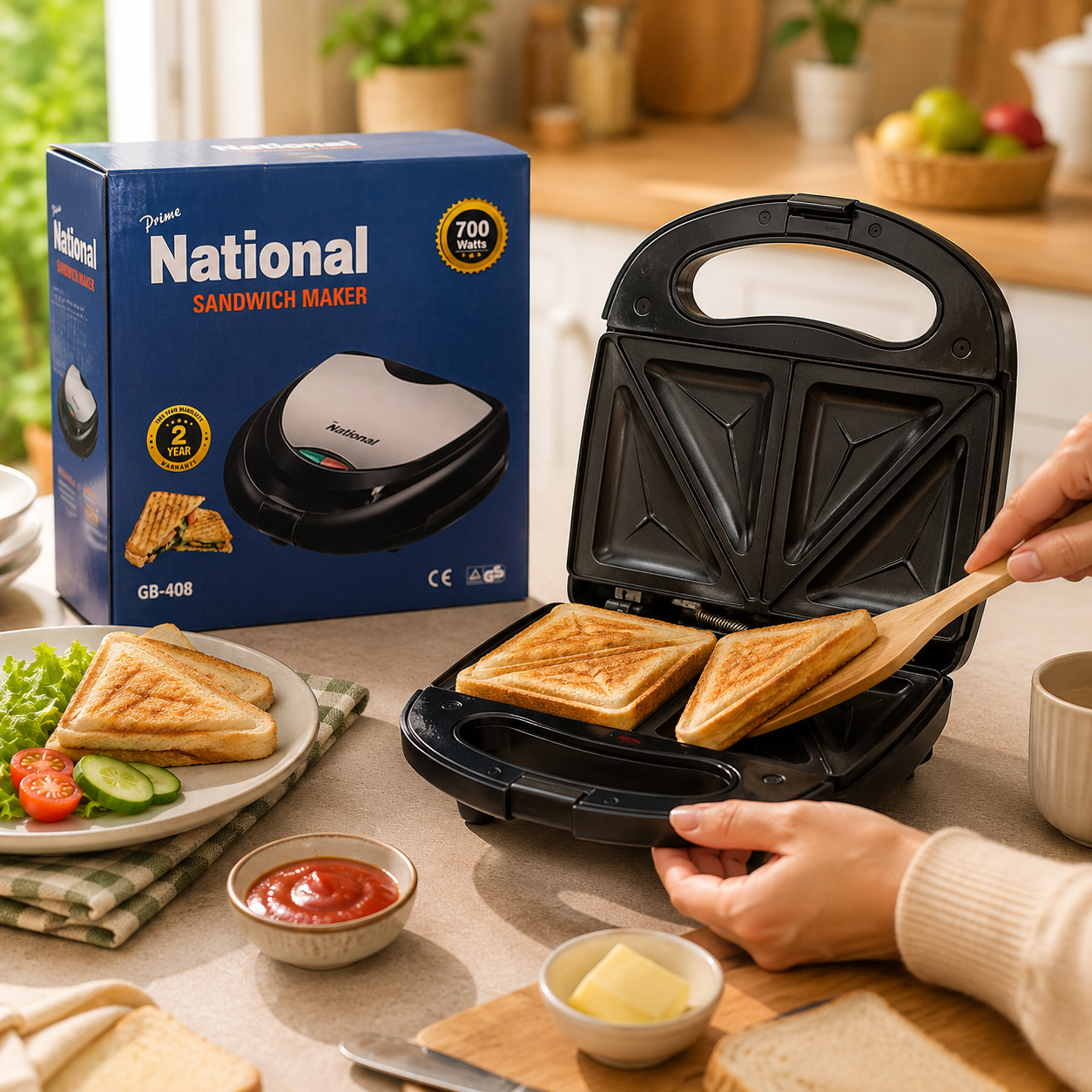Prime National GB-408 700W 2-Slice Sandwich Maker – Black & Silver - Image 4