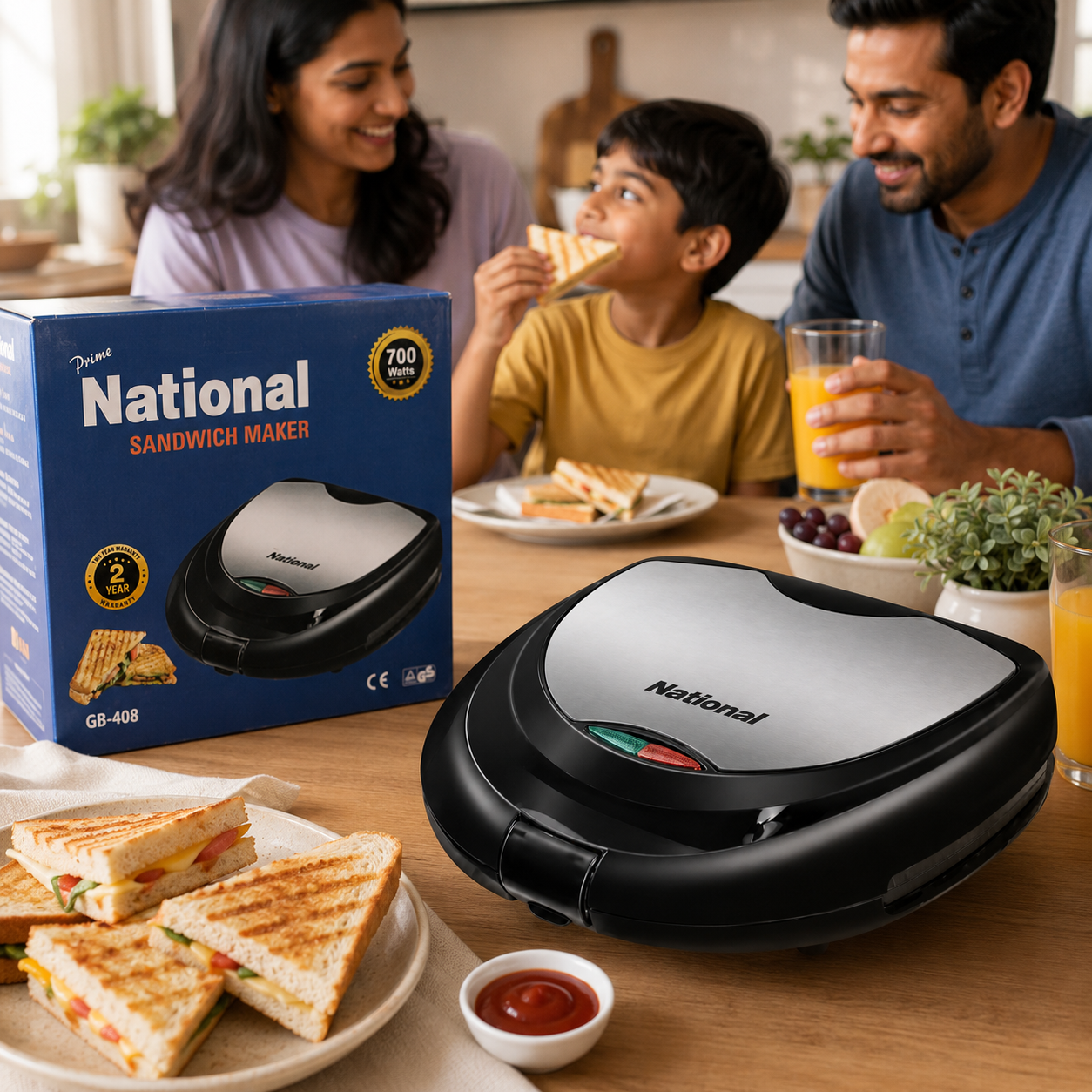 Prime National GB-408 700W 2-Slice Sandwich Maker – Black & Silver - Image 2