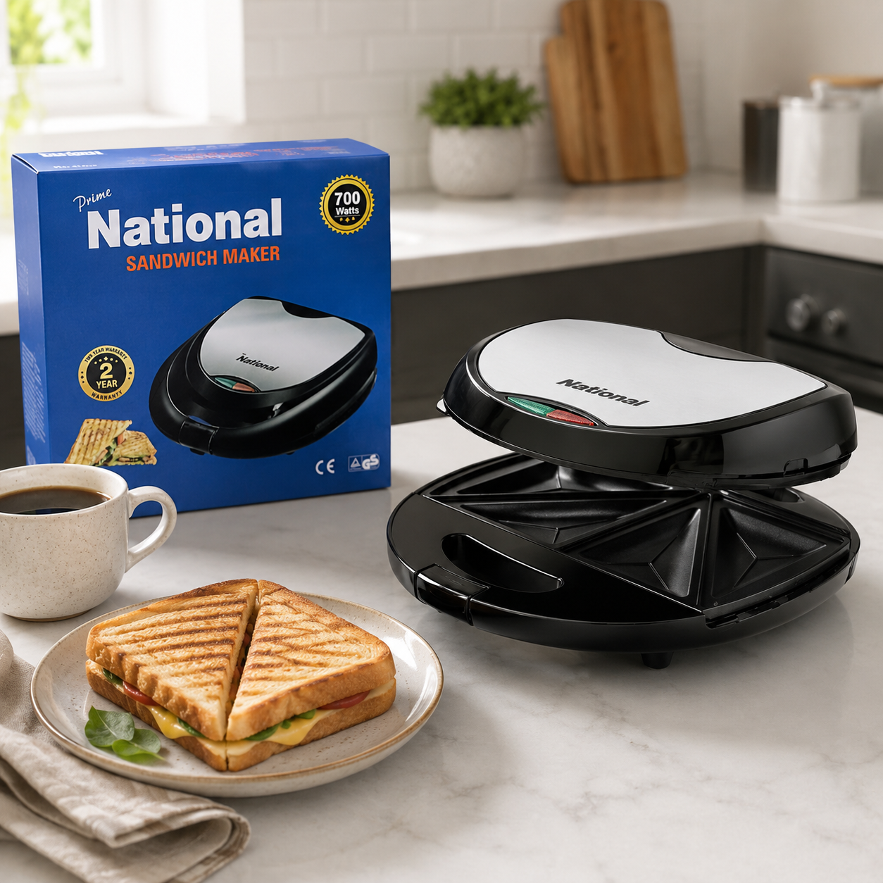 Prime National GB-408 700W 2-Slice Sandwich Maker – Black & Silver - Image 3