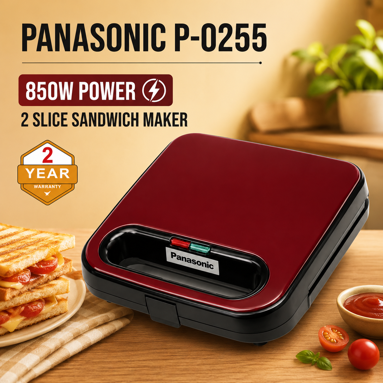 Panasonic 2-Slice Sandwich Maker 850W – Red & Black - Image 7