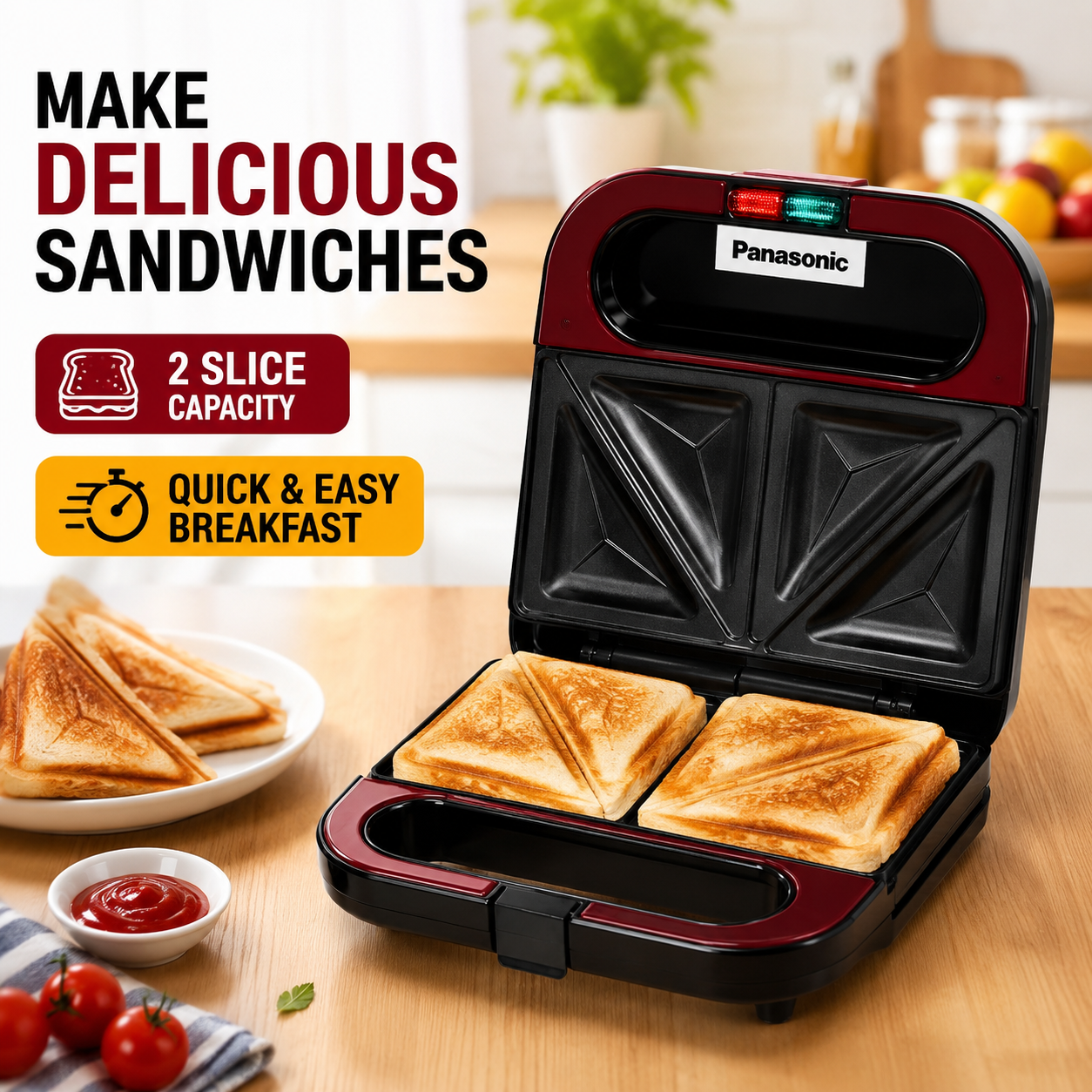 Panasonic 2-Slice Sandwich Maker 850W – Red & Black - Image 4