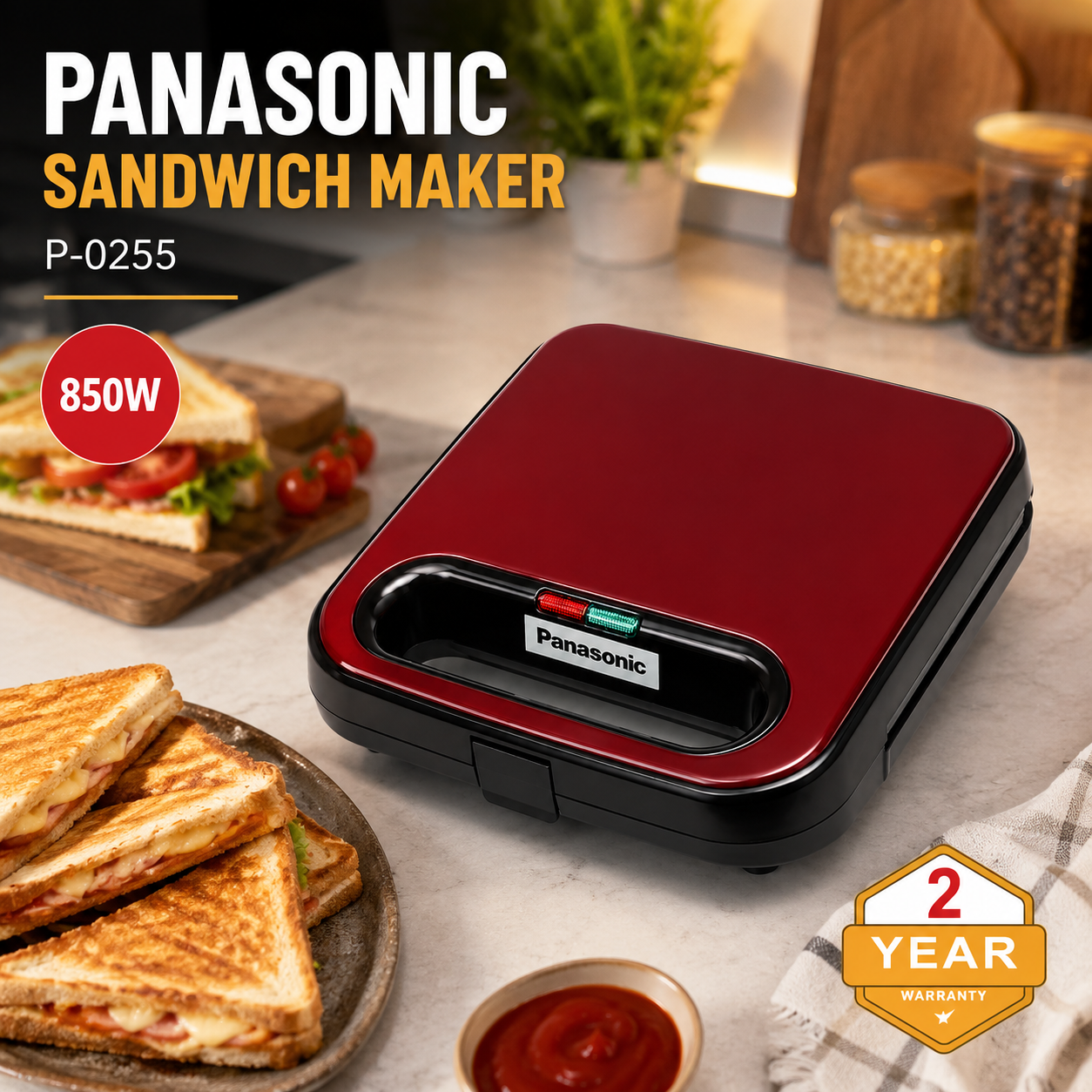 Panasonic 2-Slice Sandwich Maker 850W – Red & Black - Image 2