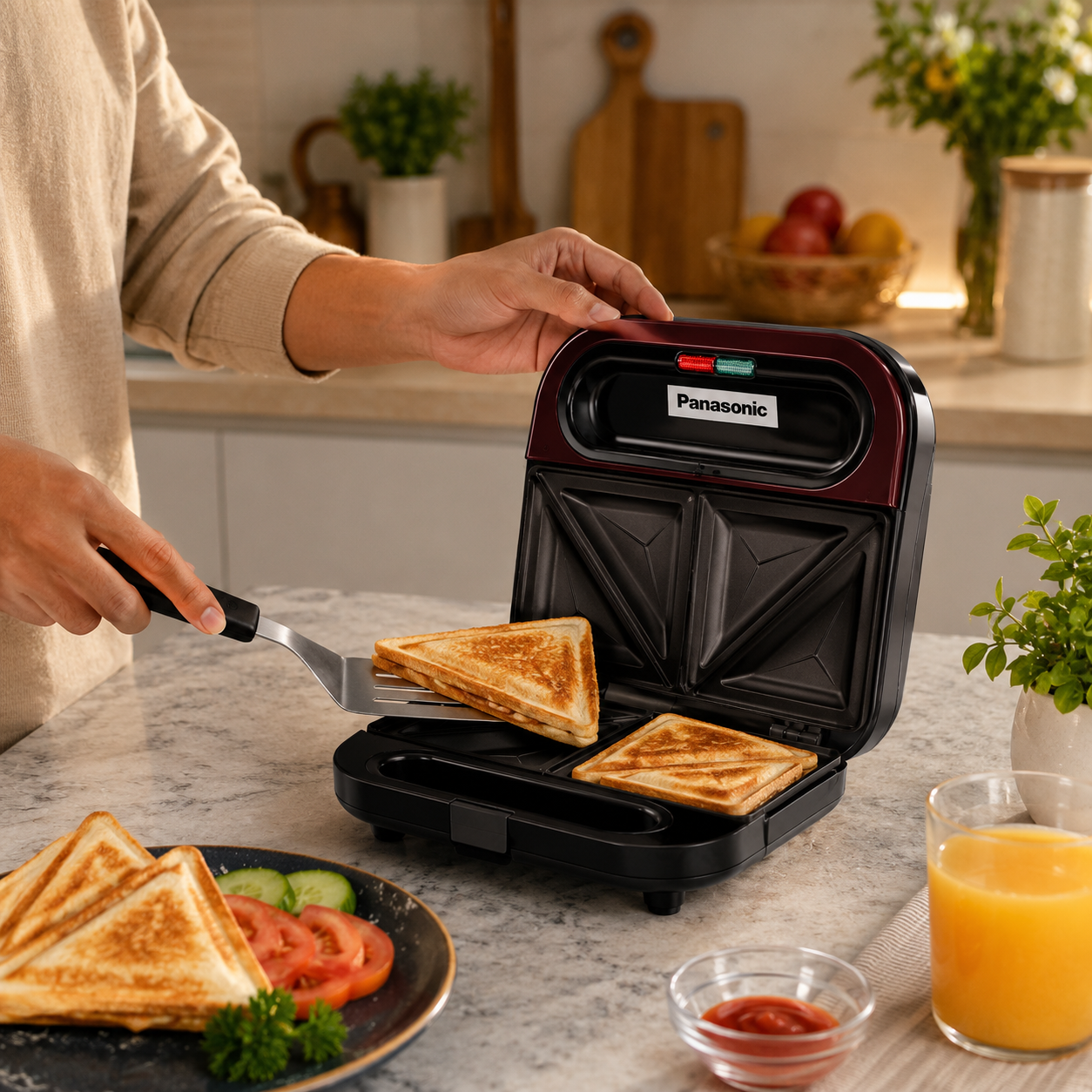 Panasonic 2-Slice Sandwich Maker 850W – Red & Black - Image 3