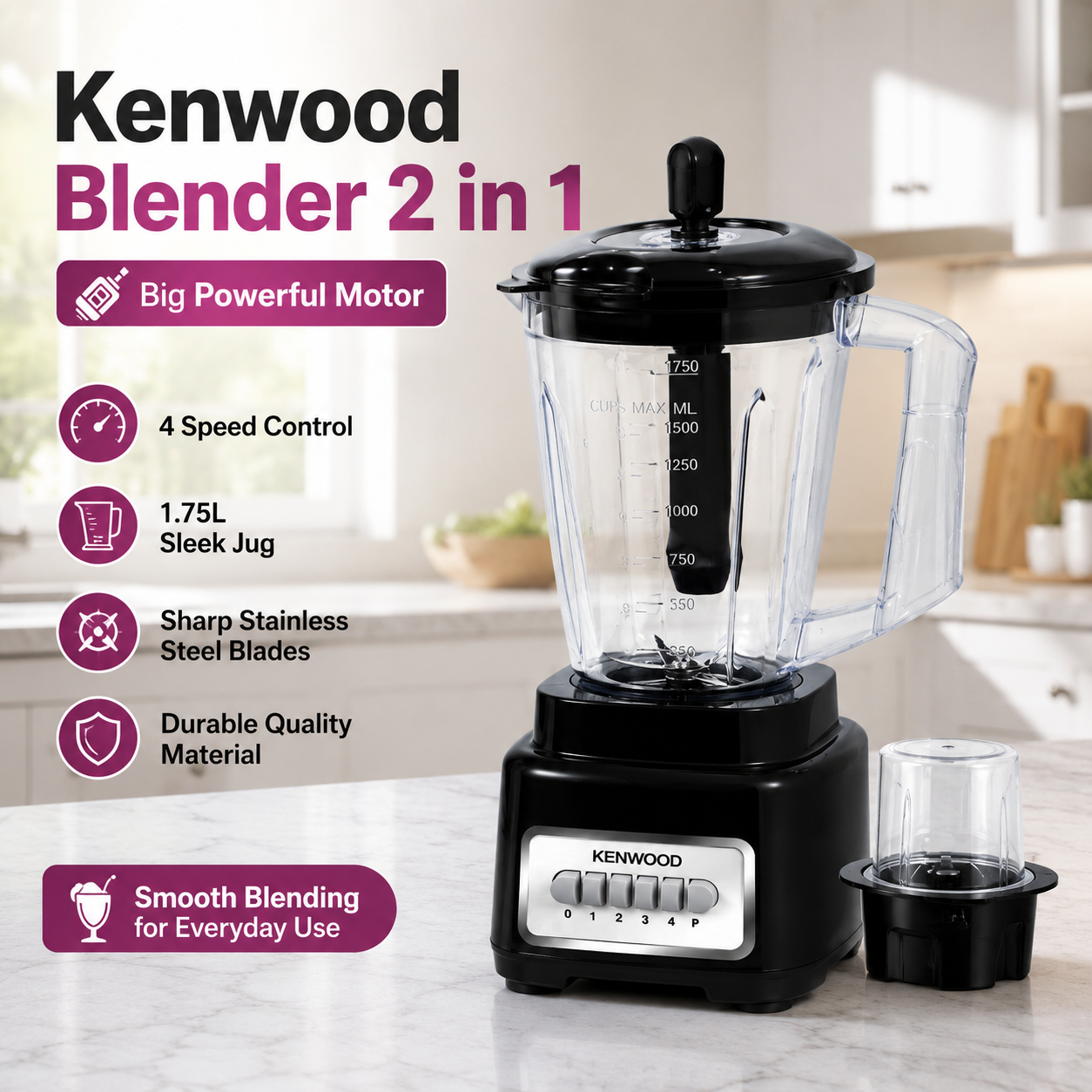 Kenwood 2-in-1 Blender and Grinder – 1.75L Jug, 4-Speed Motor, Pulse Function and 6 Stainless Steel Blades - Image 7