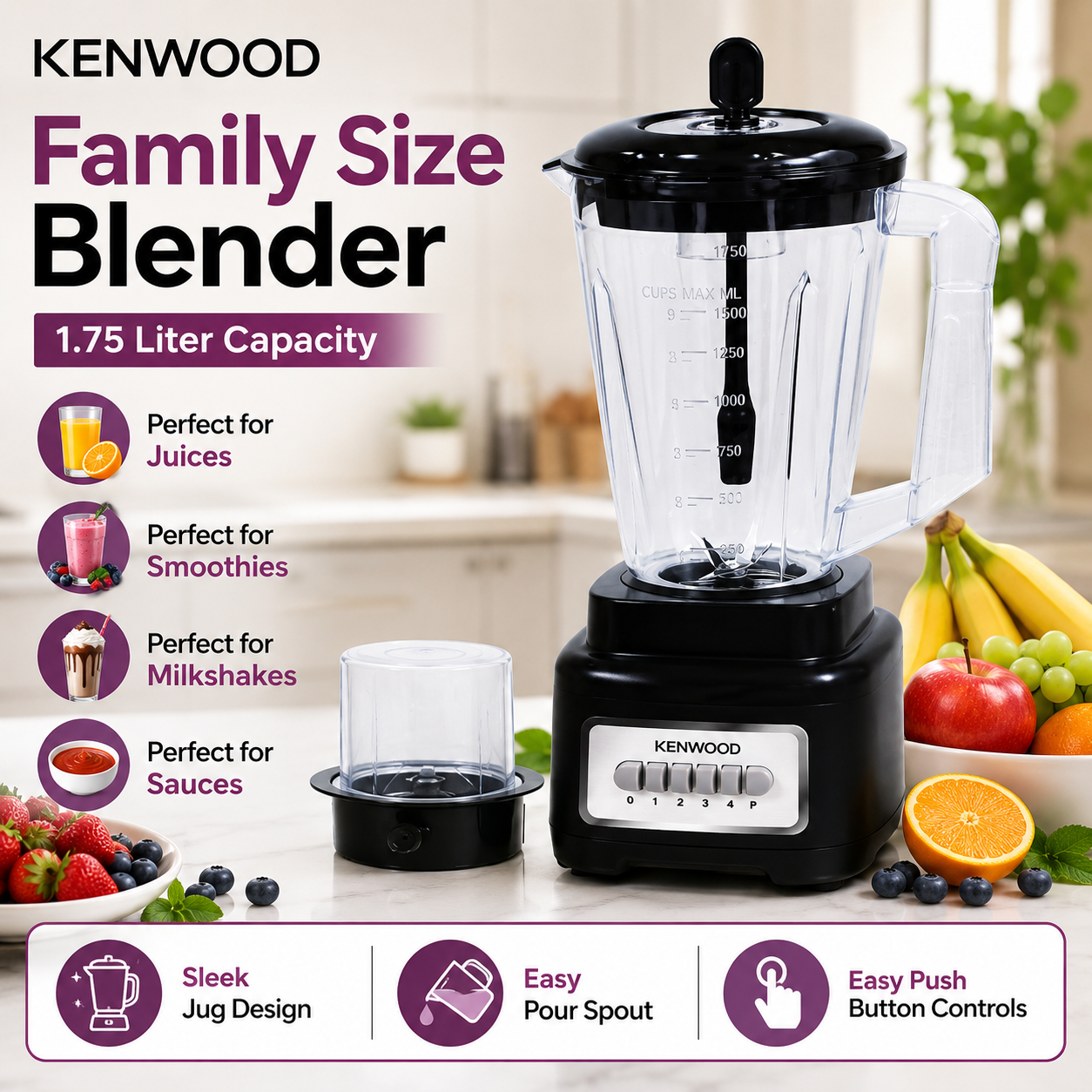 Kenwood 2-in-1 Blender and Grinder – 1.75L Jug, 4-Speed Motor, Pulse Function and 6 Stainless Steel Blades - Image 4