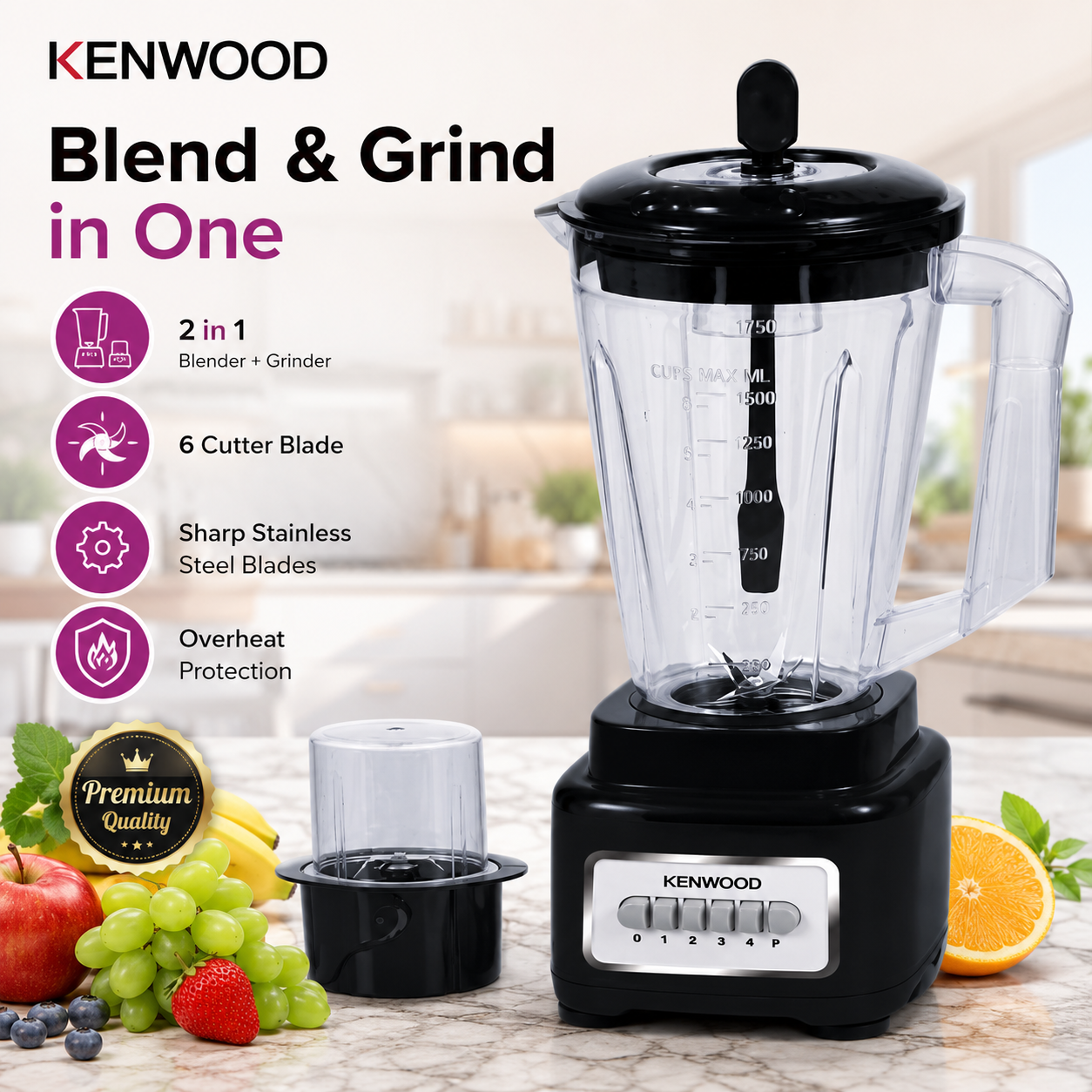 Kenwood 2-in-1 Blender and Grinder – 1.75L Jug, 4-Speed Motor, Pulse Function and 6 Stainless Steel Blades - Image 3