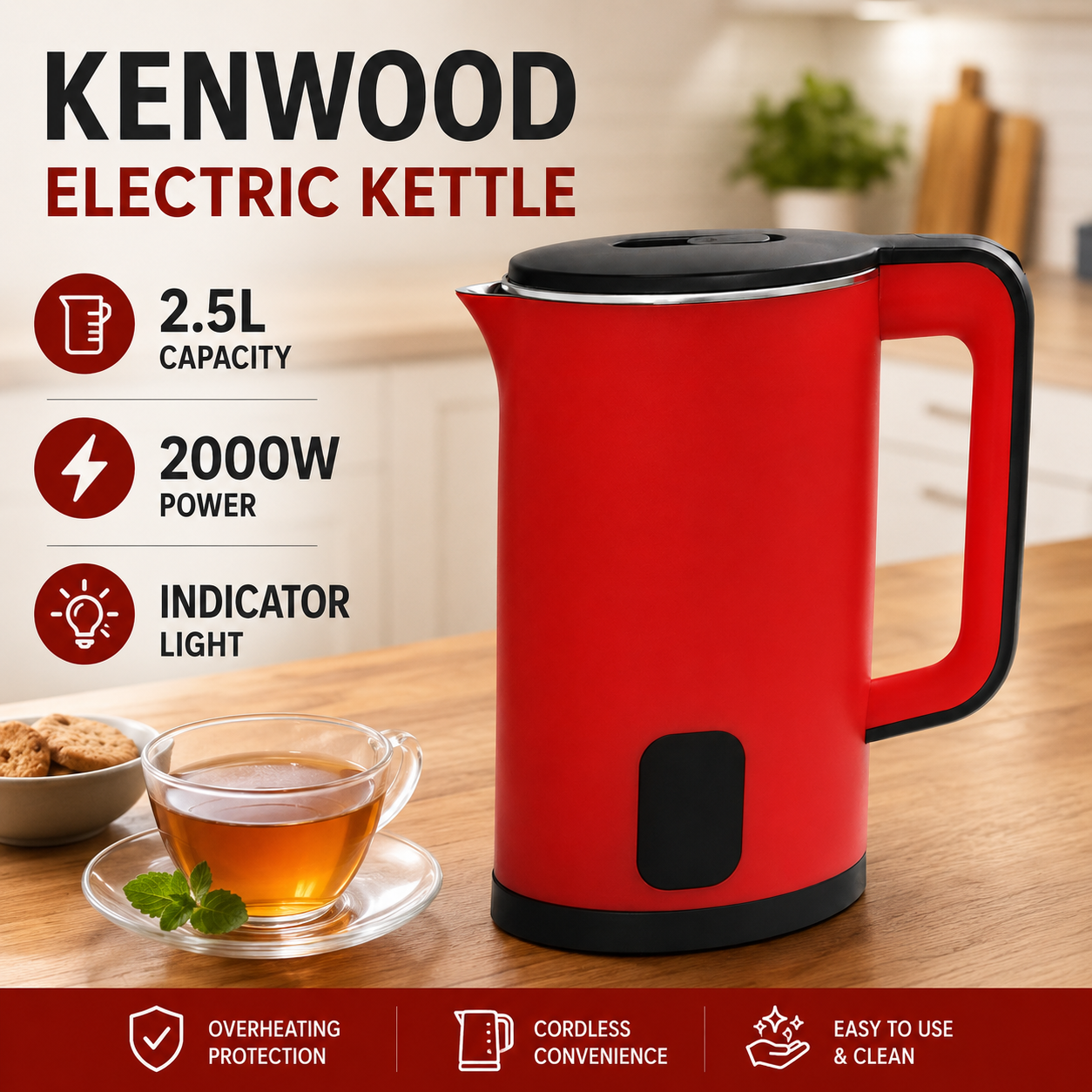 Kenwood 2.5L Electric Kettle 2000W – Red with Indicator Light and overheating protection - Image 2