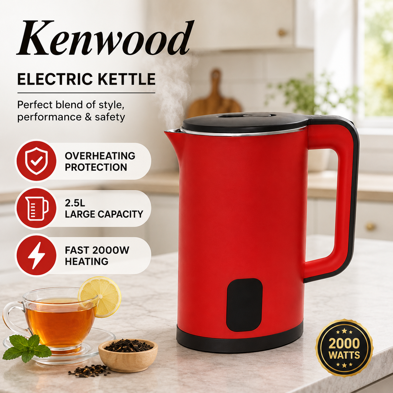 Kenwood 2.5L Electric Kettle 2000W – Red with Indicator Light and overheating protection - Image 3