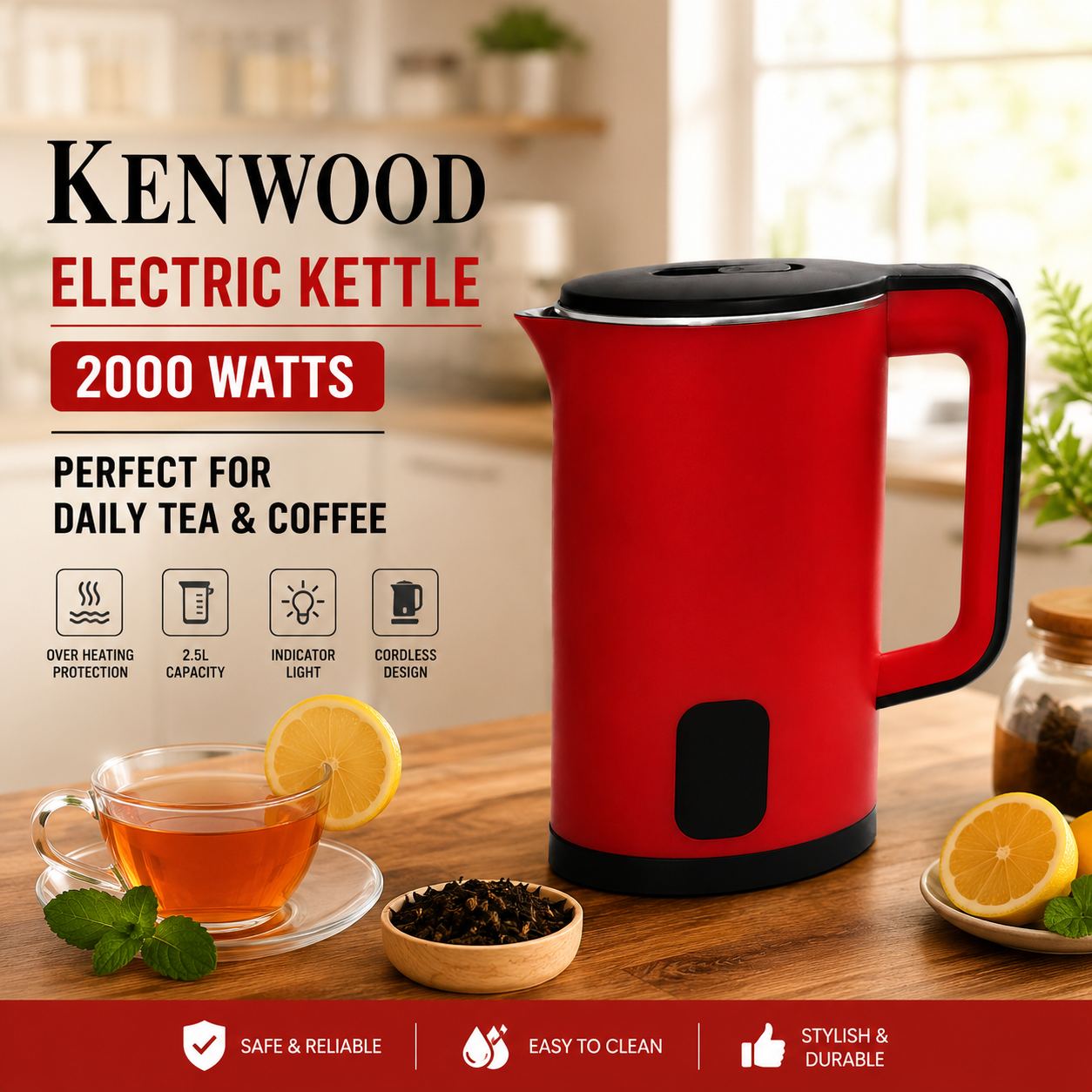 Kenwood 2.5L Electric Kettle 2000W – Red with Indicator Light and overheating protection - Image 4