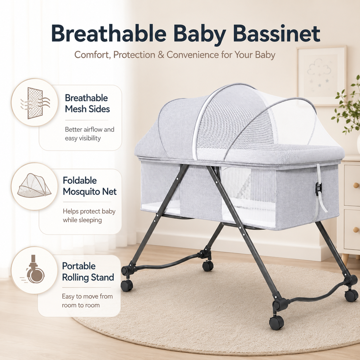 Portable Baby Bassinet with Wheels and Mosquito Net – Newborn Bedside Crib with Breathable Mesh Sides - Image 9