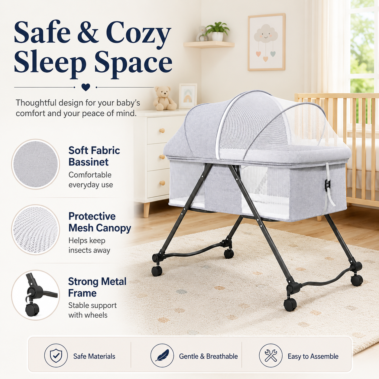 Portable Baby Bassinet with Wheels and Mosquito Net – Newborn Bedside Crib with Breathable Mesh Sides - Image 3