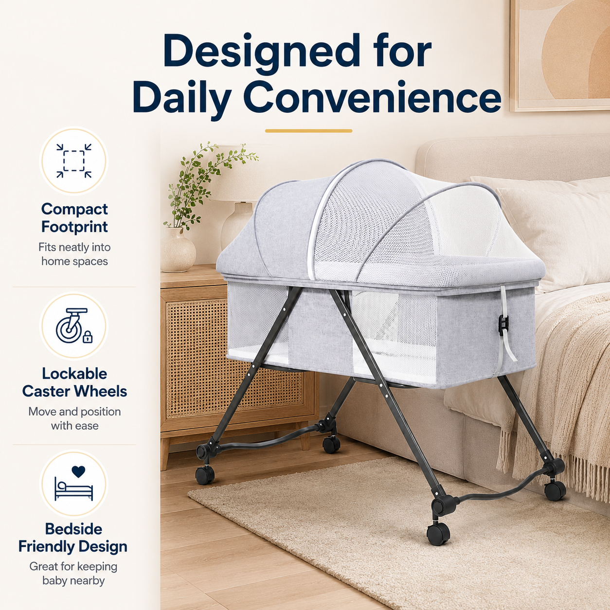 Portable Baby Bassinet with Wheels and Mosquito Net – Newborn Bedside Crib with Breathable Mesh Sides - Image 5