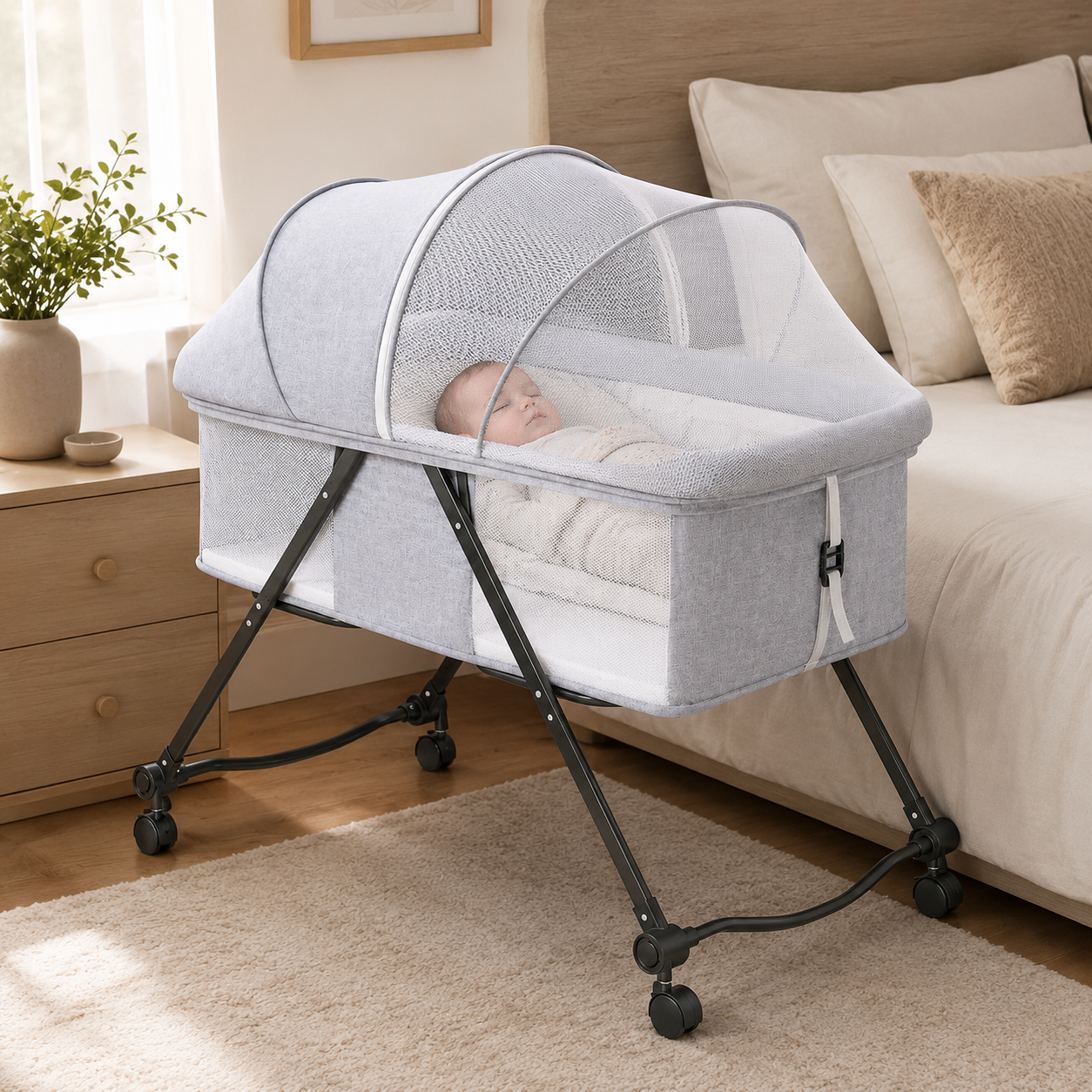 Portable Baby Bassinet with Wheels and Mosquito Net – Newborn Bedside Crib with Breathable Mesh Sides - Image 7