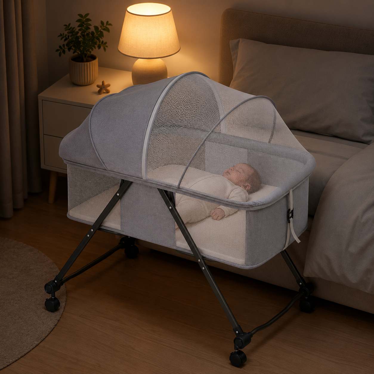 Portable Baby Bassinet with Wheels and Mosquito Net – Newborn Bedside Crib with Breathable Mesh Sides - Image 2