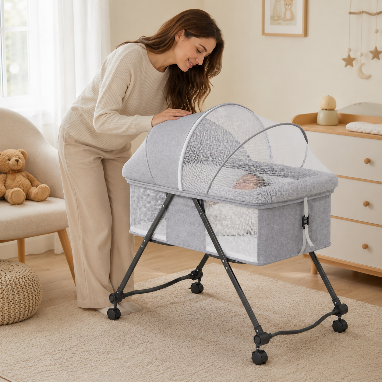 Portable Baby Bassinet with Wheels and Mosquito Net – Newborn Bedside Crib with Breathable Mesh Sides - Image 4