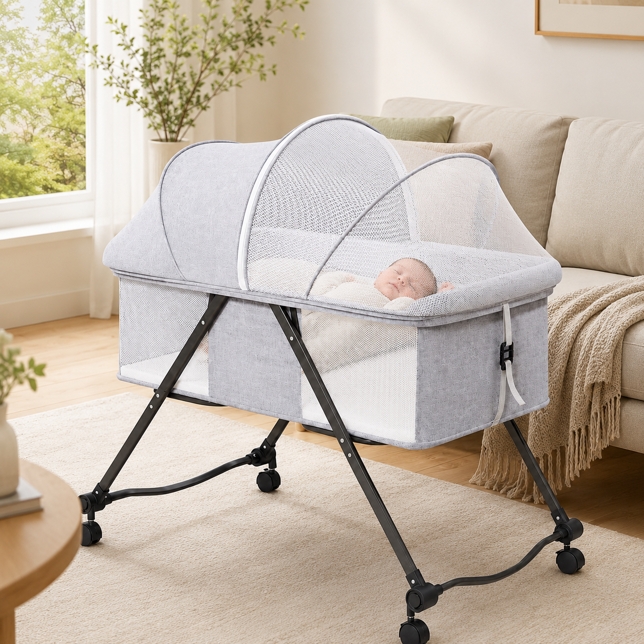 Portable Baby Bassinet with Wheels and Mosquito Net – Newborn Bedside Crib with Breathable Mesh Sides - Image 6