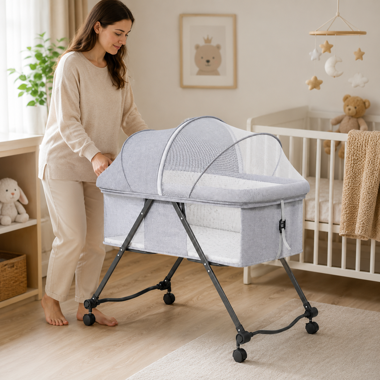Portable Baby Bassinet with Wheels and Mosquito Net – Newborn Bedside Crib with Breathable Mesh Sides - Image 8