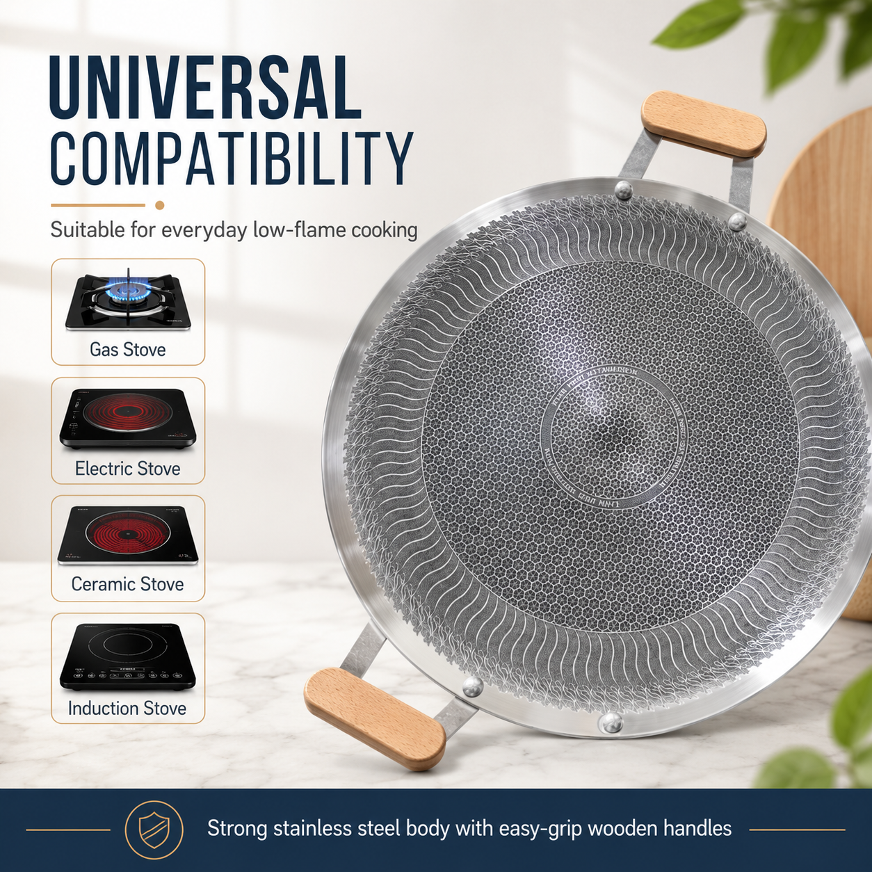 Premium Honeycomb Non-Stick Cooking Wok with Dual Wooden Handles – Multipurpose Frying Pan - Image 5