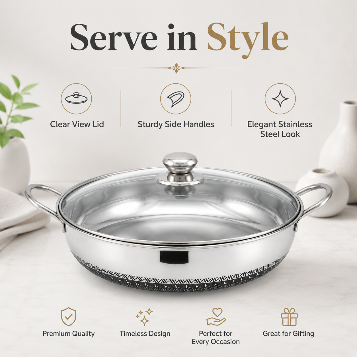 Stainless Steel Serving Casserole Dish with Glass Lid and Side Handles – Insulated Hot Pot for Curry, Rice and Food Serving - Image 4