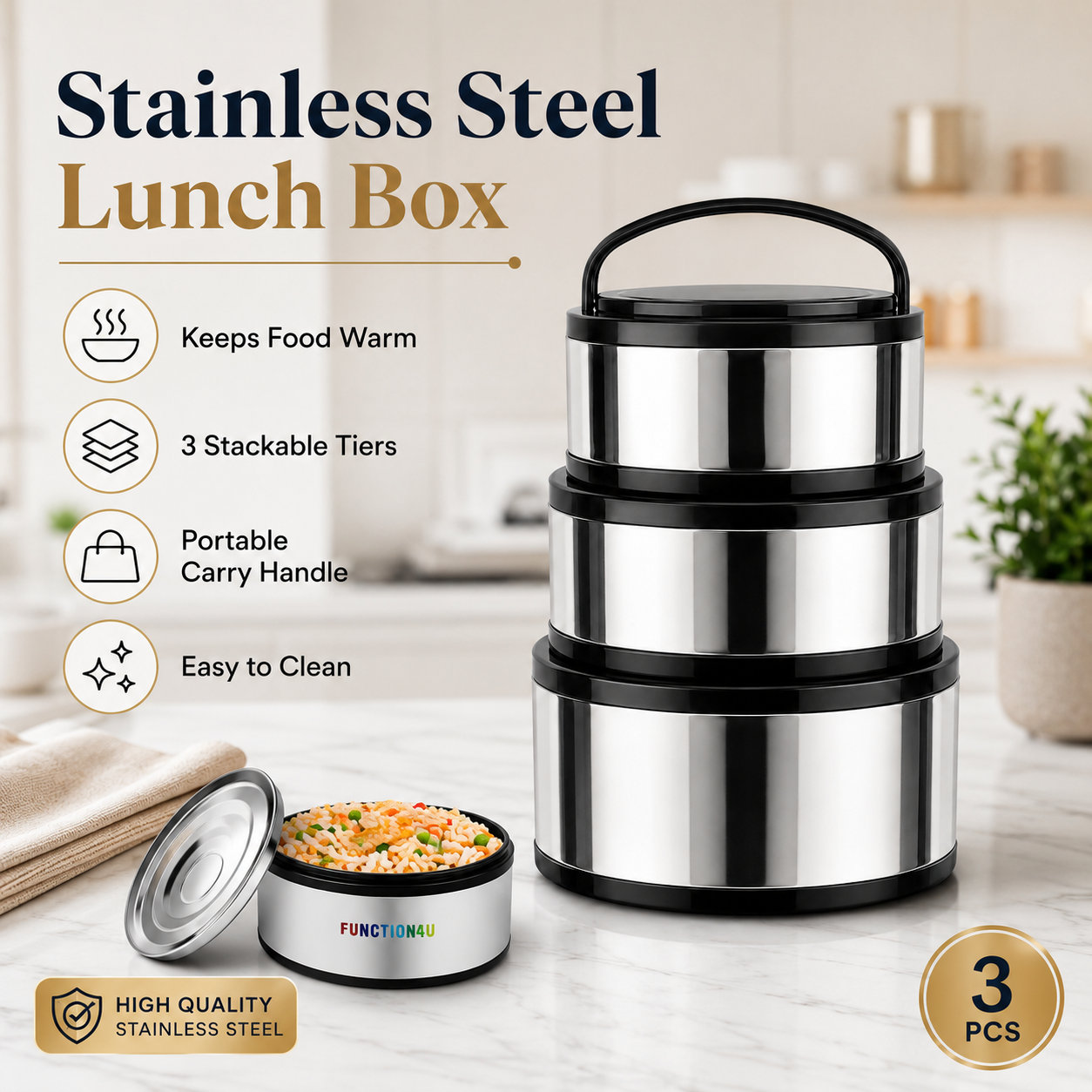 3-Piece Stainless Steel Insulated Hot Pot Set – 2L, 4L & 8L Thermal Food Warmer Containers with Lids and Handles - Image 2
