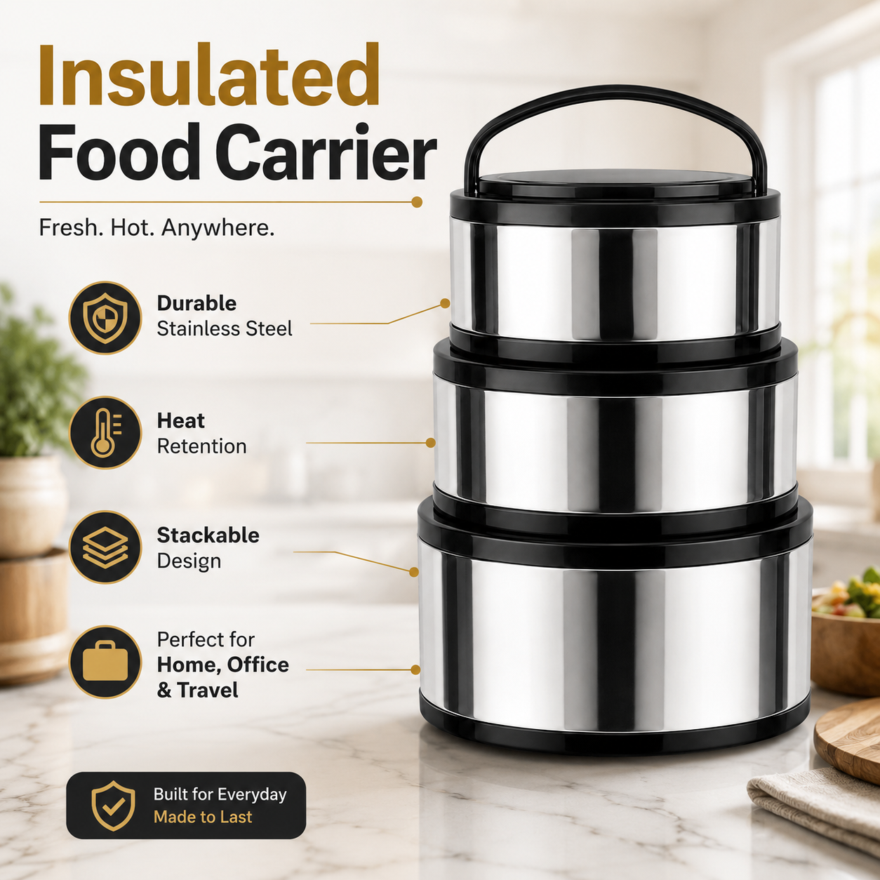 3-Piece Stainless Steel Insulated Hot Pot Set – 2L, 4L & 8L Thermal Food Warmer Containers with Lids and Handles - Image 3