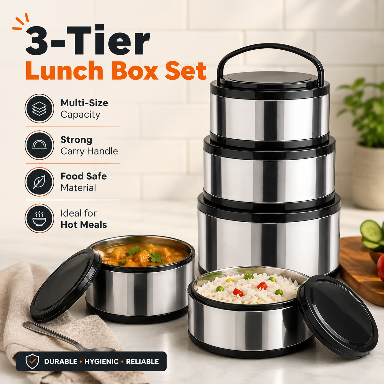 3-Piece Stainless Steel Insulated Hot Pot Set – 2L, 4L & 8L Thermal Food Warmer Containers with Lids and Handles - Image 4