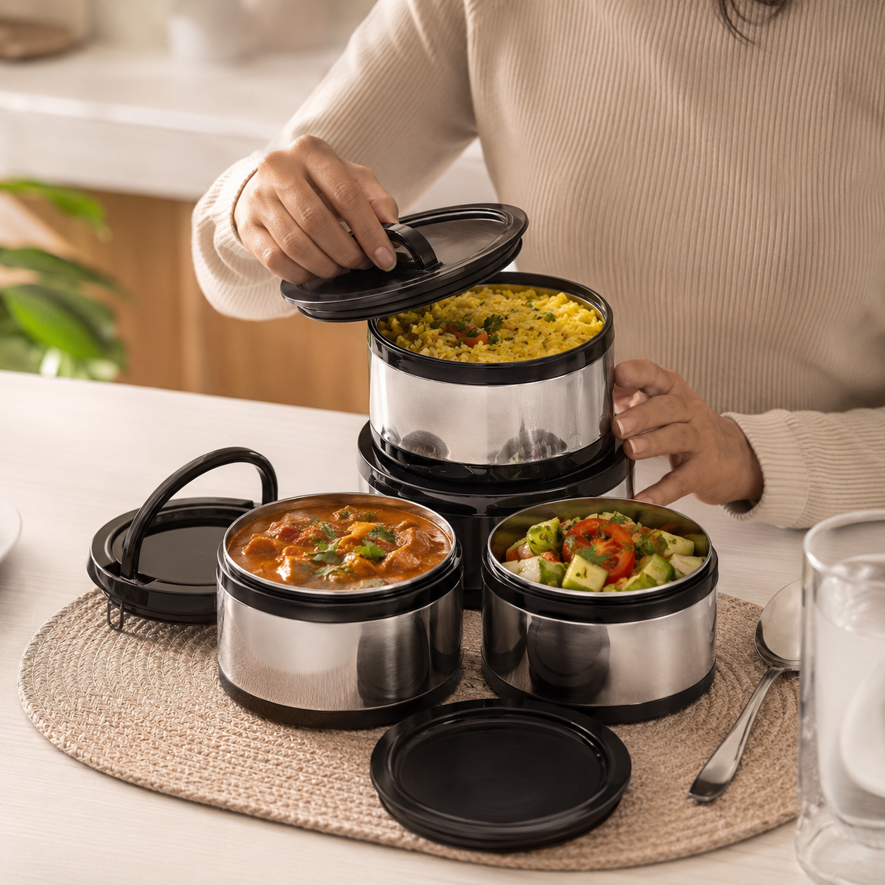 3-Piece Stainless Steel Insulated Hot Pot Set – 2L, 4L & 8L Thermal Food Warmer Containers with Lids and Handles - Image 5