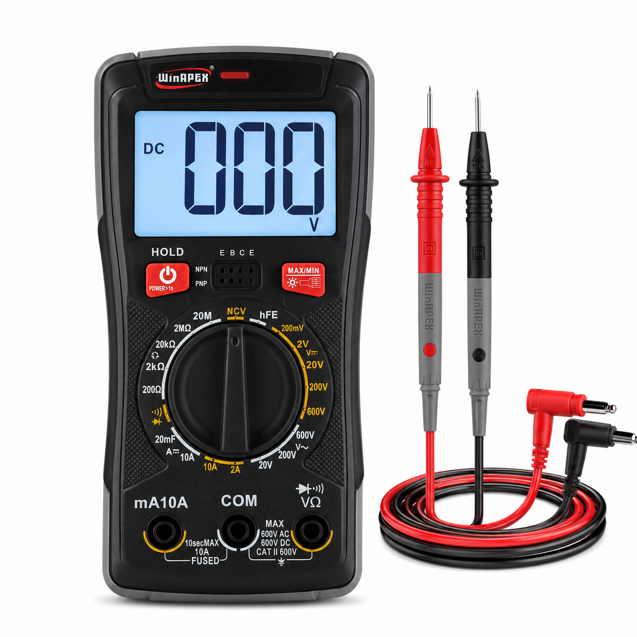 WinAPEX Digital Multimeter with NCV Detection, LCD Display, Voltage Current Resistance Tester & Test Leads