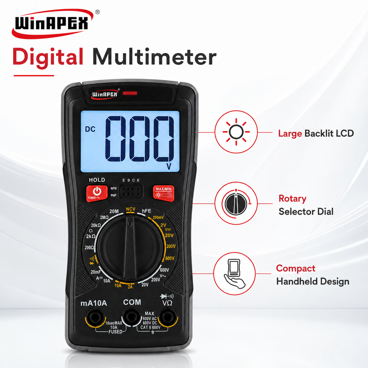 WinAPEX Digital Multimeter with NCV Detection, LCD Display, Voltage Current Resistance Tester & Test Leads - Image 3