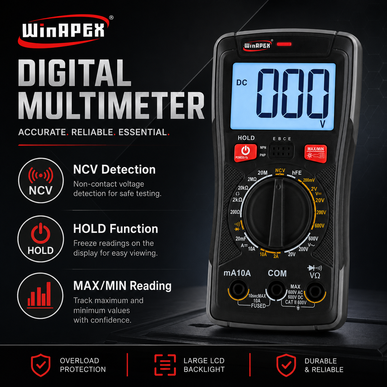 WinAPEX Digital Multimeter with NCV Detection, LCD Display, Voltage Current Resistance Tester & Test Leads - Image 4