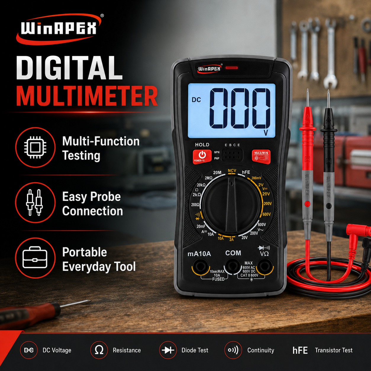 WinAPEX Digital Multimeter with NCV Detection, LCD Display, Voltage Current Resistance Tester & Test Leads - Image 2