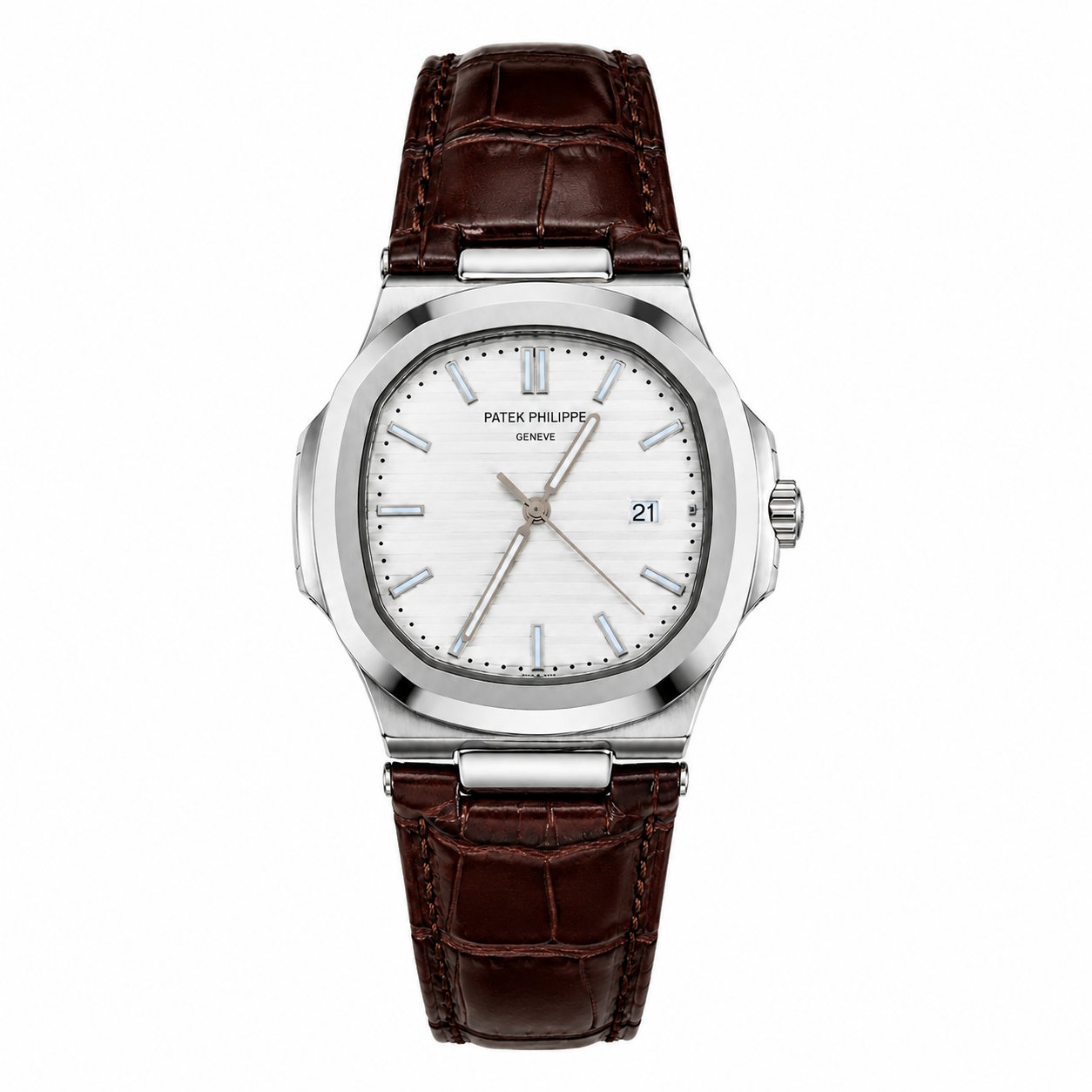 Luxury-Style Men’s Quartz Wrist Watch with Brown Leather Strap, Silver Dial & Date Display