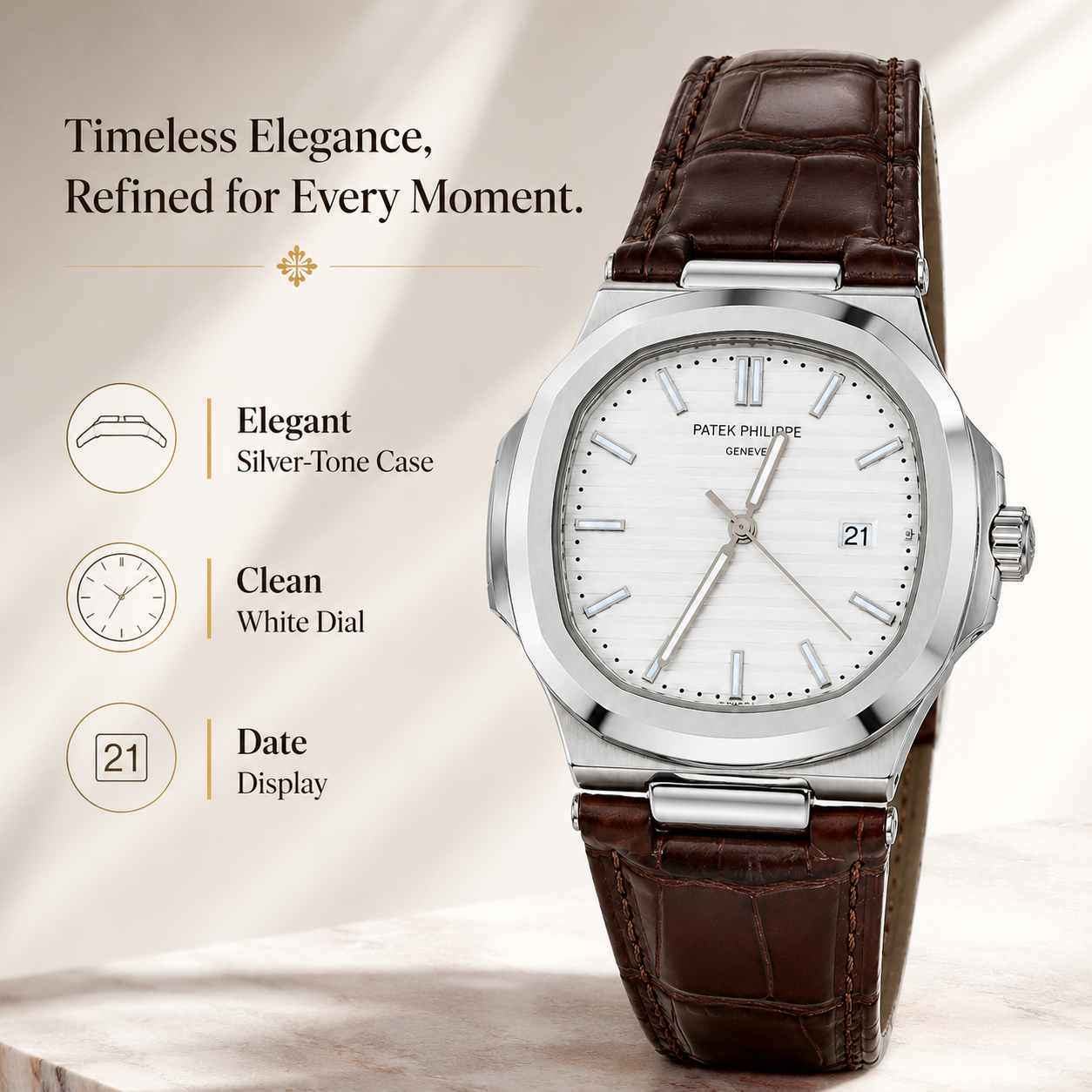 Luxury-Style Men’s Quartz Wrist Watch with Brown Leather Strap, Silver Dial & Date Display - Image 3
