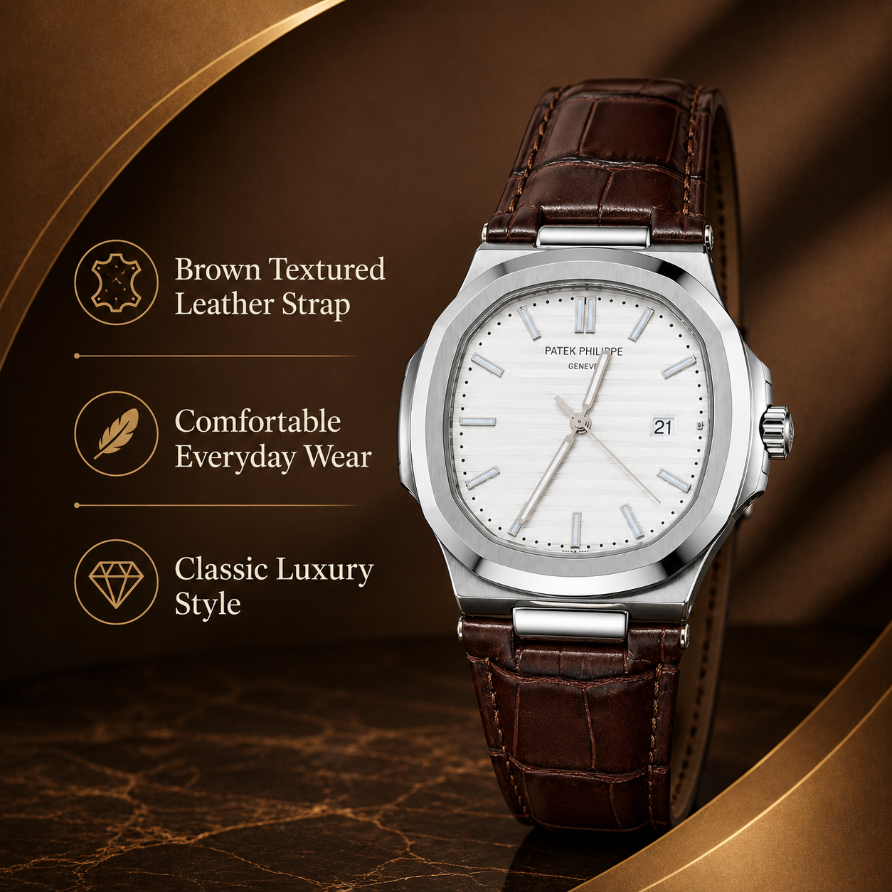 Luxury-Style Men’s Quartz Wrist Watch with Brown Leather Strap, Silver Dial & Date Display - Image 2