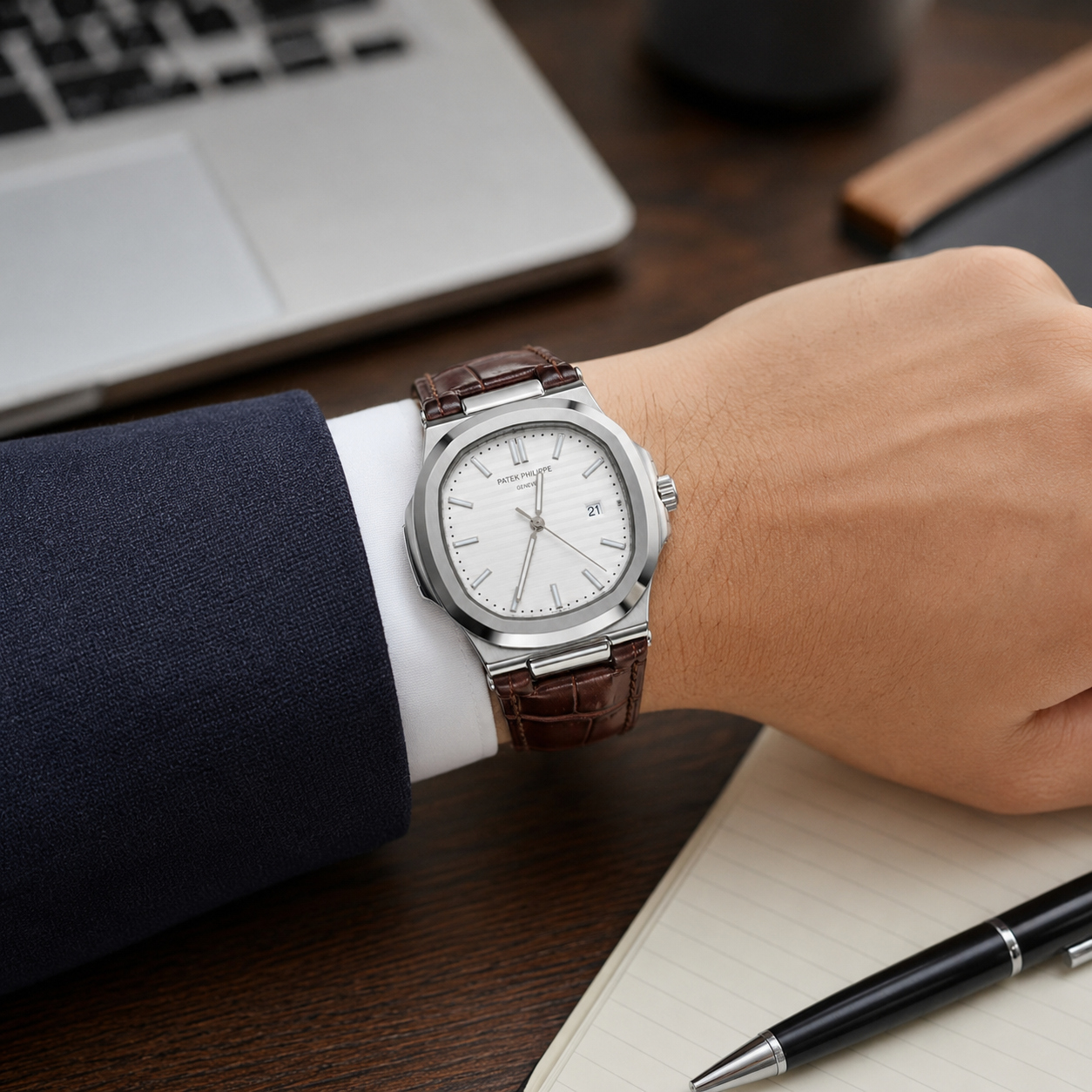 Luxury-Style Men’s Quartz Wrist Watch with Brown Leather Strap, Silver Dial & Date Display - Image 8