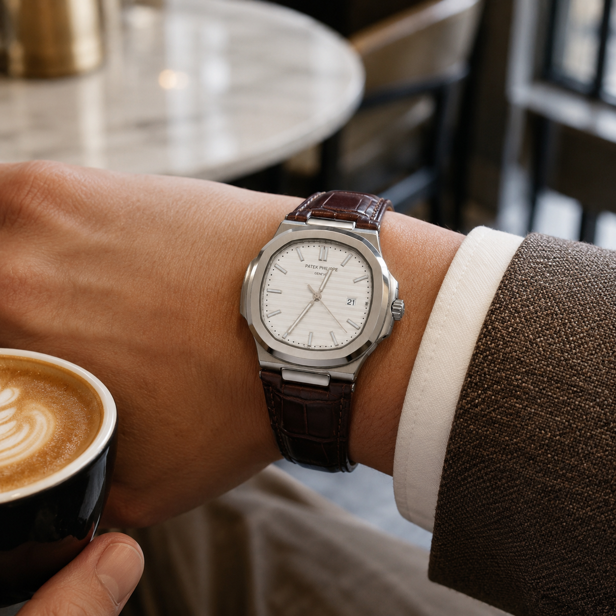 Luxury-Style Men’s Quartz Wrist Watch with Brown Leather Strap, Silver Dial & Date Display - Image 7