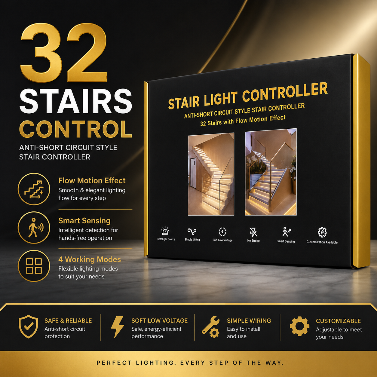 Smart LED Stair Light Controller with Motion Sensor, 4 Flow Lighting Modes and Anti-Short-Circuit Protection - Image 3