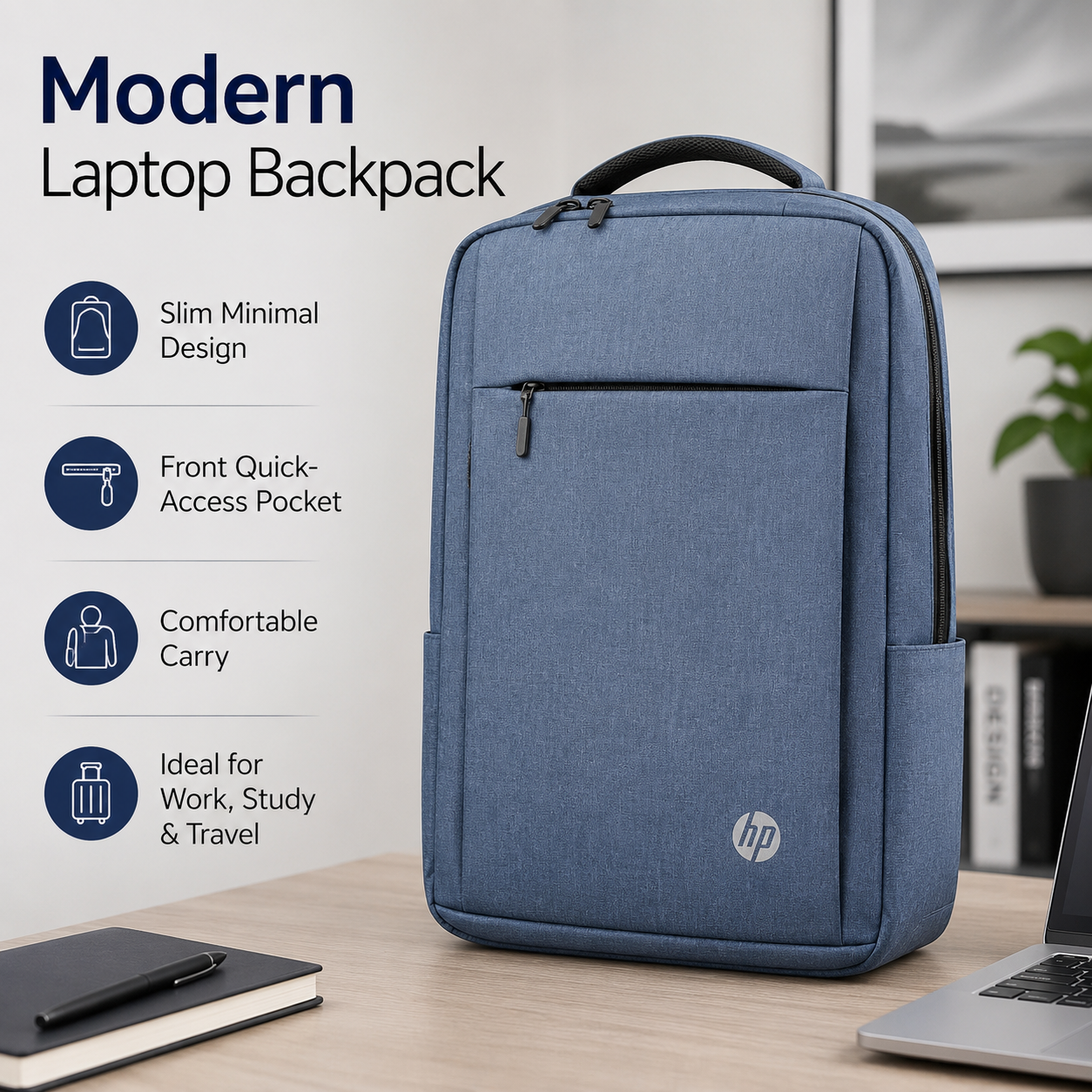 Laptop Backpack with Padded Compartment and Front Zipper Pocket – Grey or Blue - Image 3