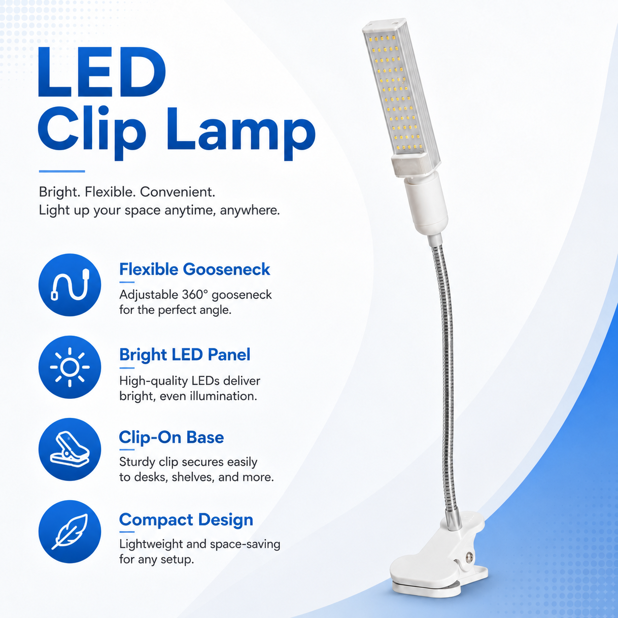 Flexible LED Desk Lamp with Adjustable Gooseneck, Wide Light Panel and Clamp Base for Study, Reading and Repair Work - Image 2